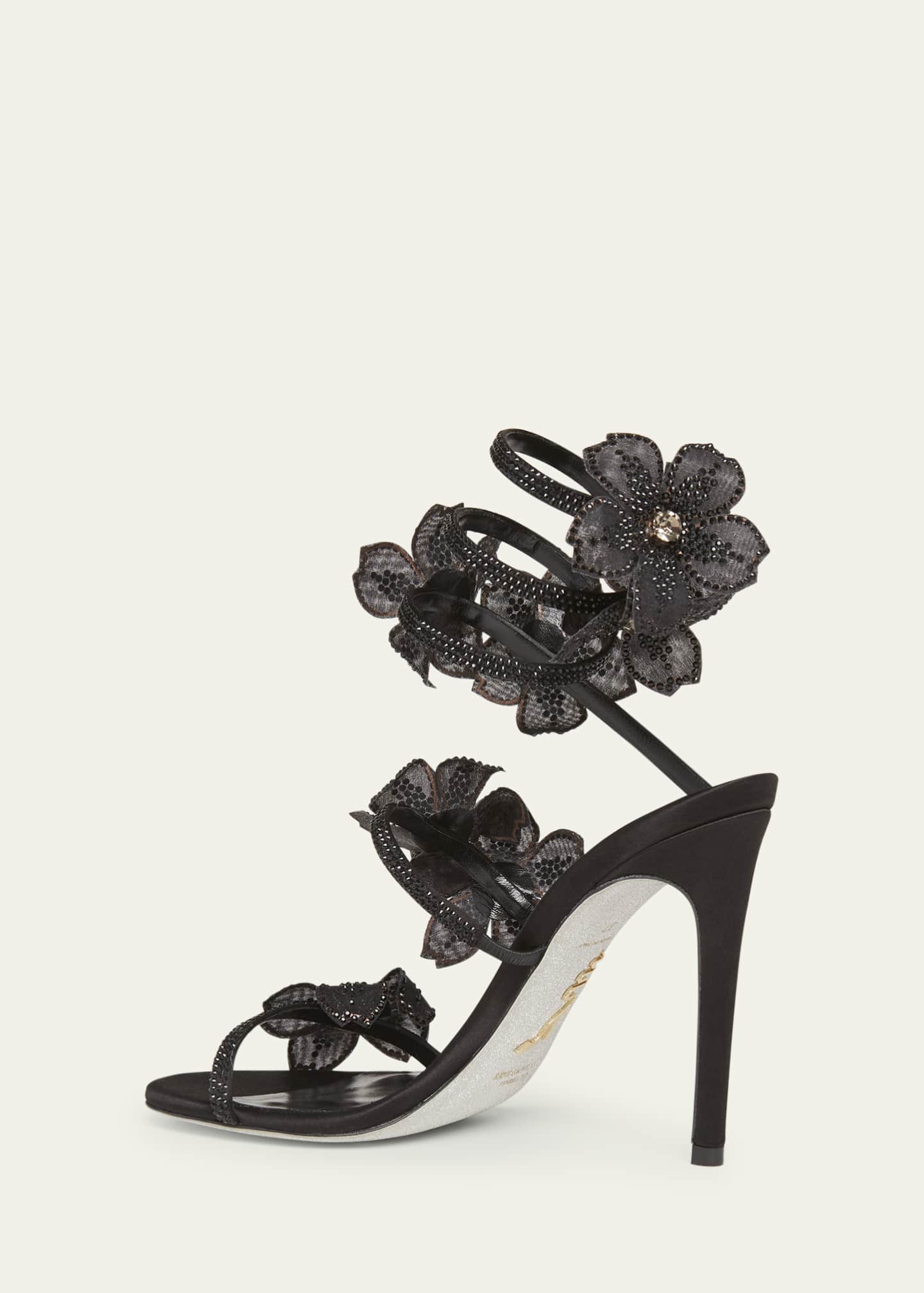 Rene Caovilla Satin Strass Flower Wrap-Up Sandals Image 2 of 4