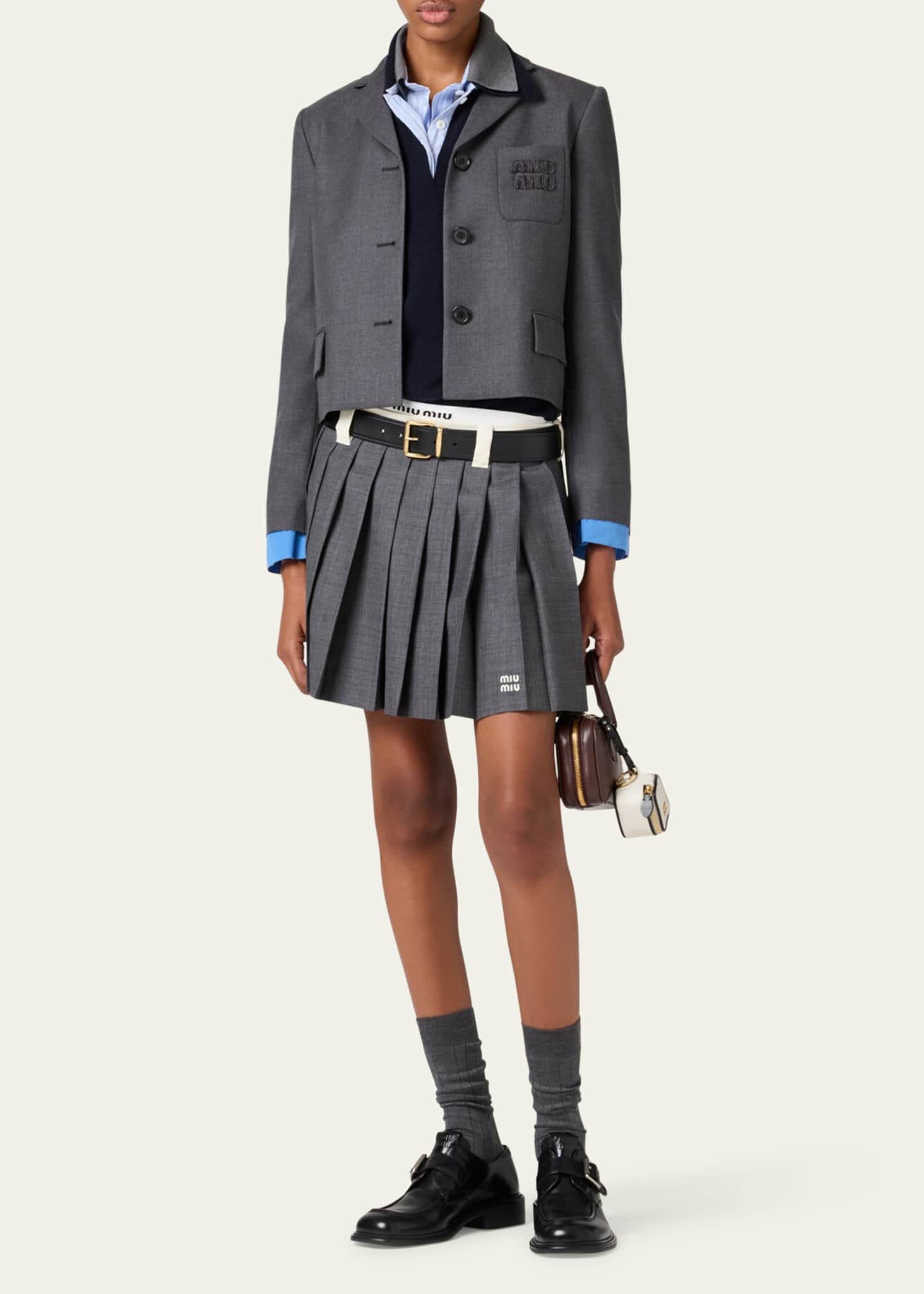 Miu Miu Logo Embroidered Cropped Wool Blazer Jacket Image 2 of 3