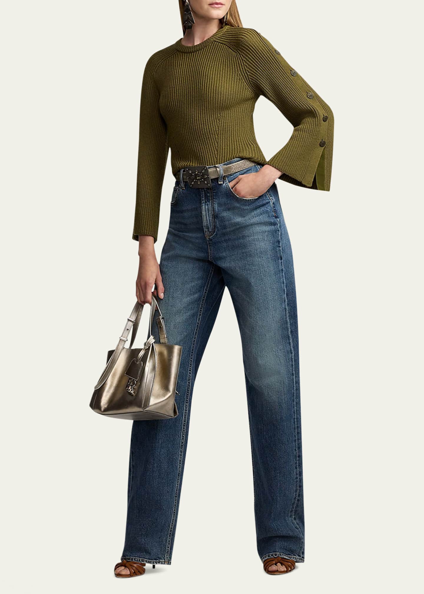 Rib-Knit Wool-Silk Button-Sleeve Sweater - Thumbnail 2