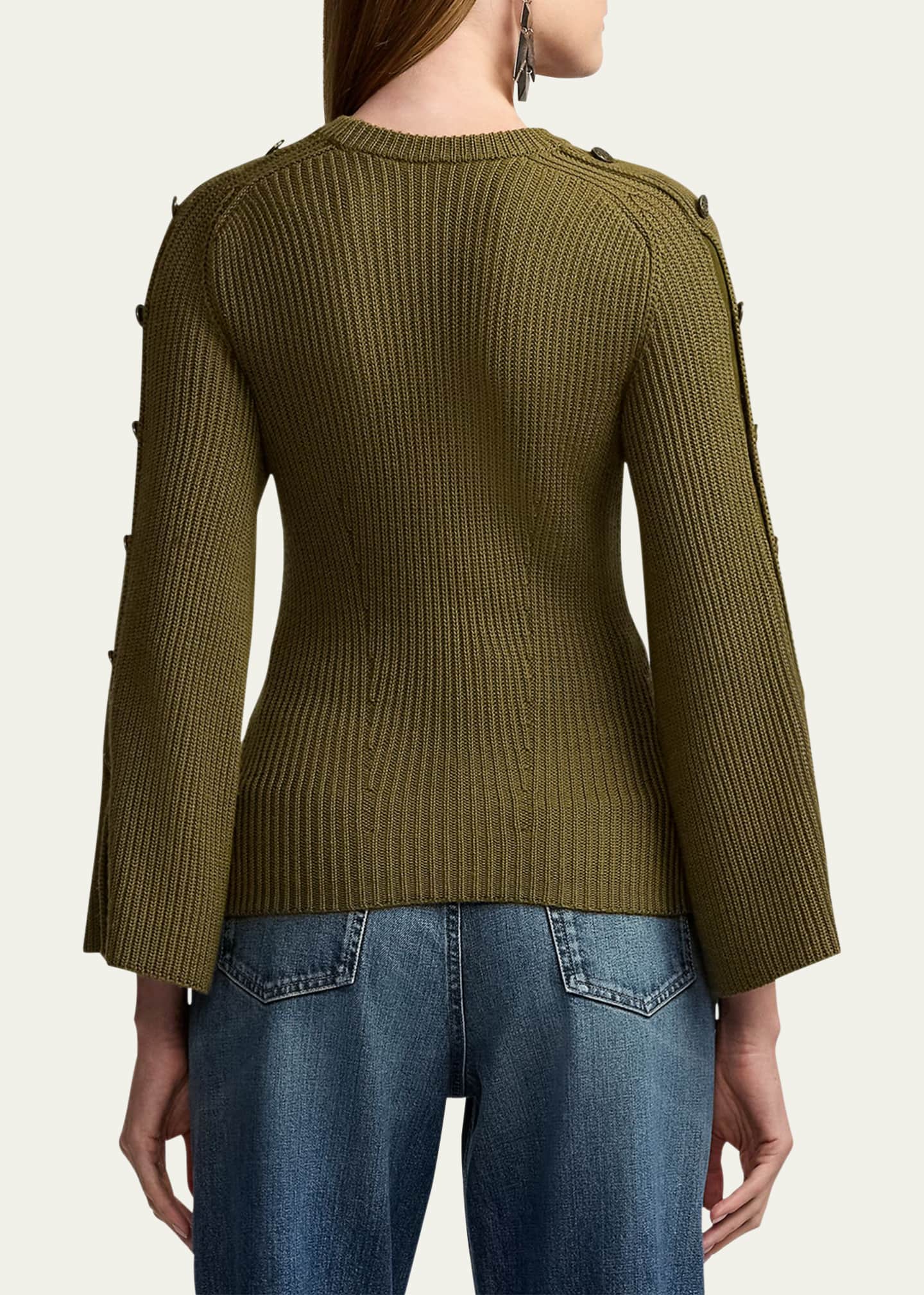 Rib-Knit Wool-Silk Button-Sleeve Sweater - Thumbnail 3