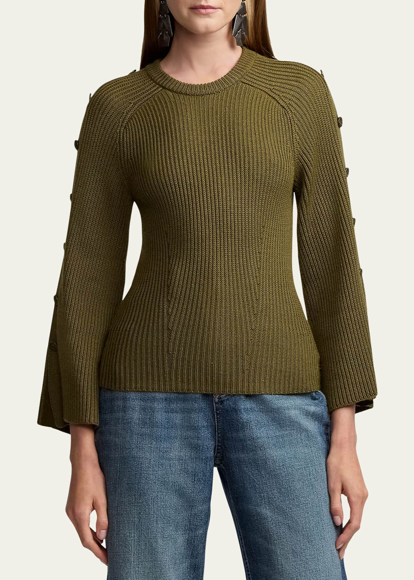 Rib-Knit Wool-Silk Button-Sleeve Sweater - Thumbnail 4
