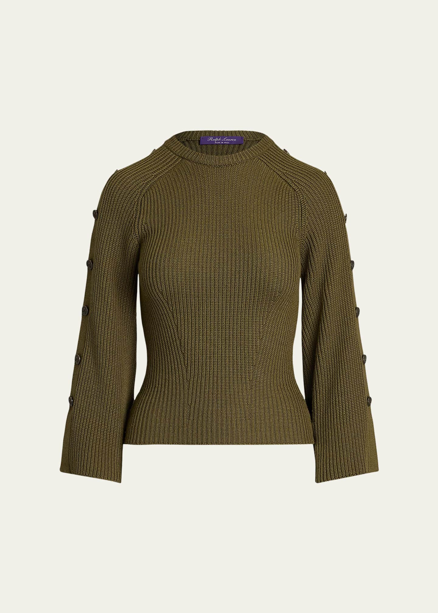 Rib-Knit Wool-Silk Button-Sleeve Sweater