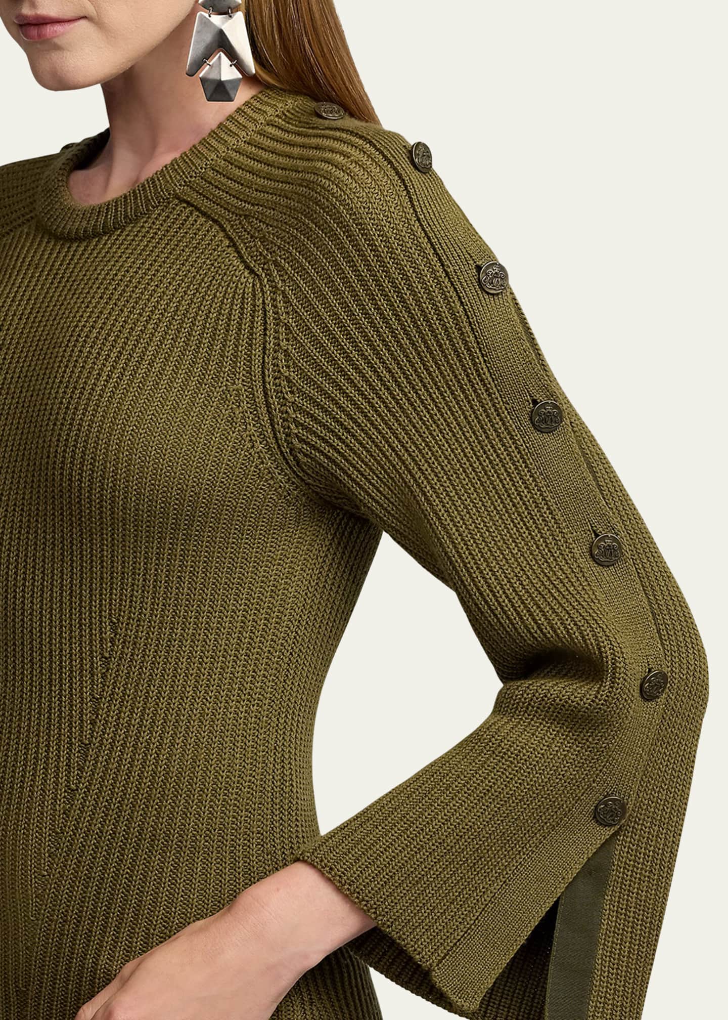 Rib-Knit Wool-Silk Button-Sleeve Sweater - Thumbnail 5
