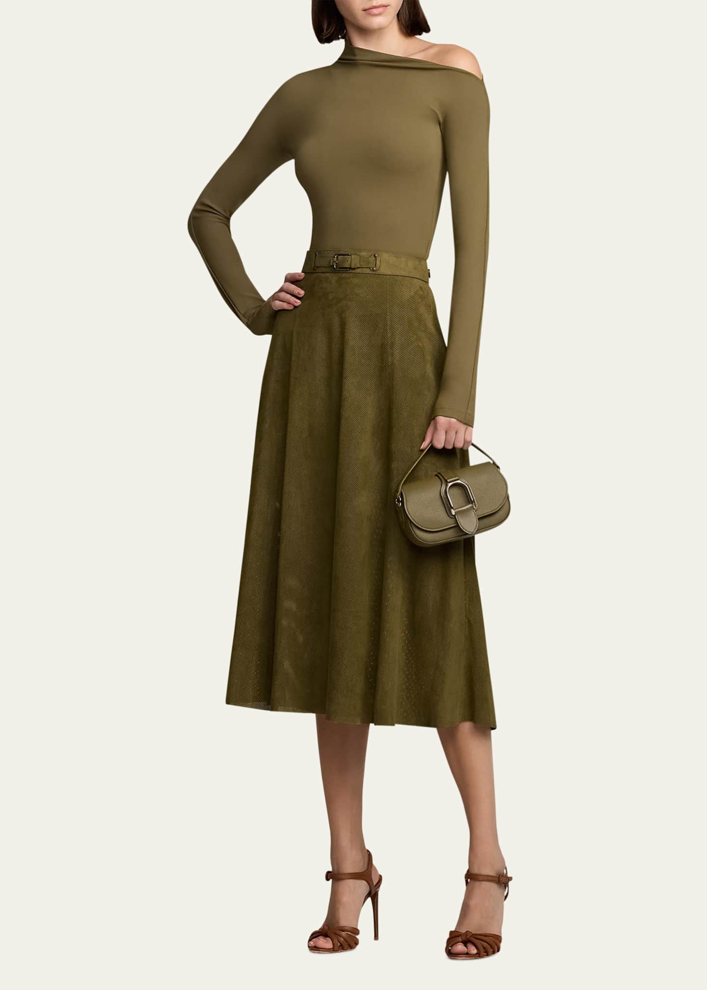 Ralph Lauren Collection Kensley Perforated Suede Midi Skirt Image 2 of 5