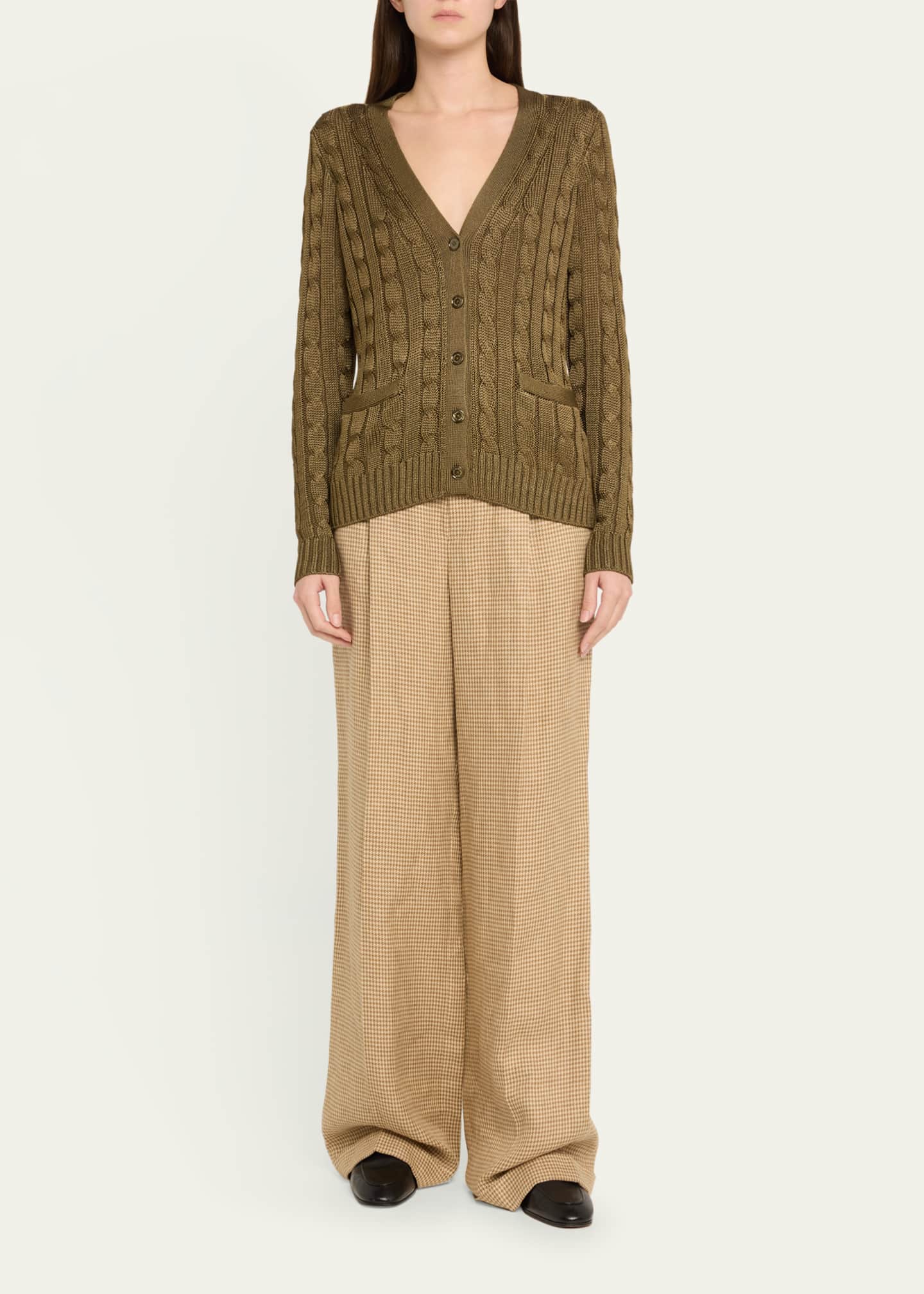 Ralph Lauren Collection High Shine Cable-Knit Cashmere Cardigan Sweater, Green Image 2 of 5