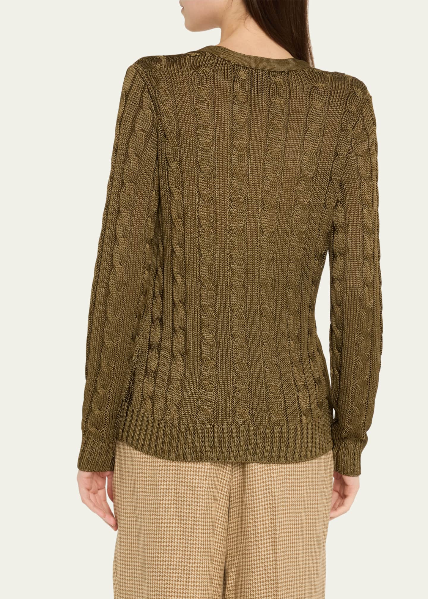 Ralph Lauren Collection High Shine Cable-Knit Cashmere Cardigan Sweater, Green Image 3 of 5