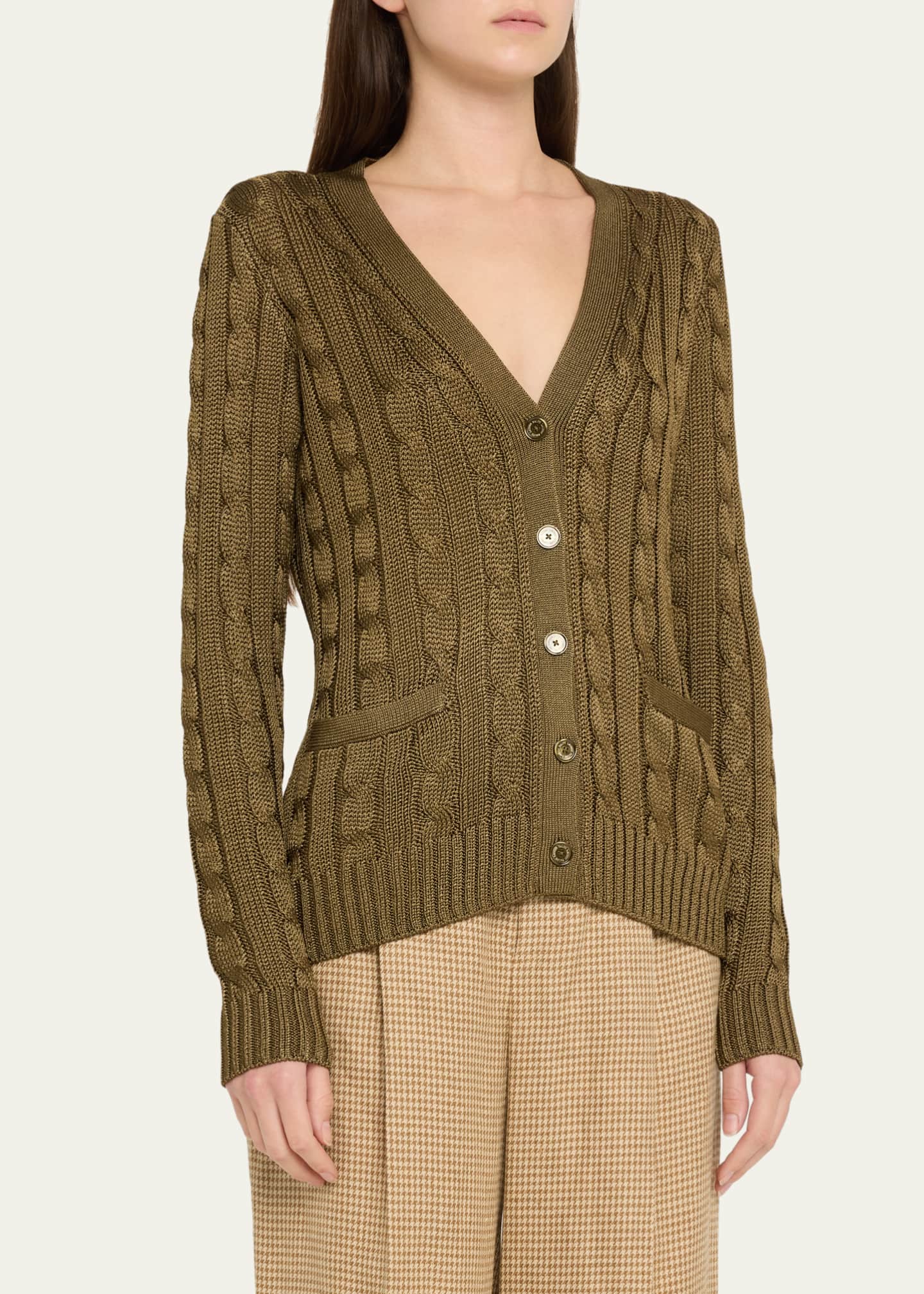 Ralph Lauren Collection High Shine Cable-Knit Cashmere Cardigan Sweater, Green Image 4 of 5