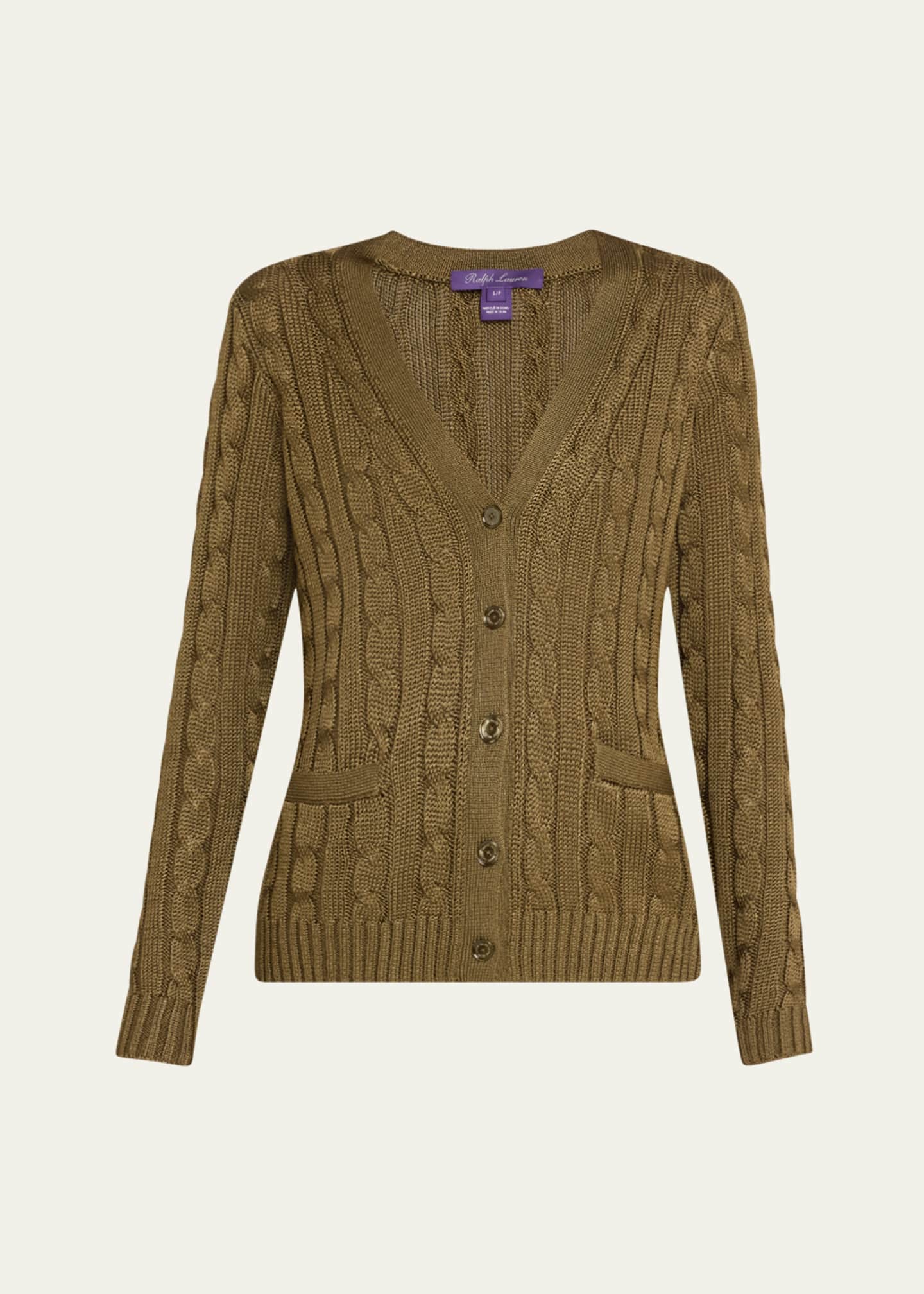 Ralph Lauren Collection High Shine Cable-Knit Cashmere Cardigan Sweater, Green Image 1 of 5