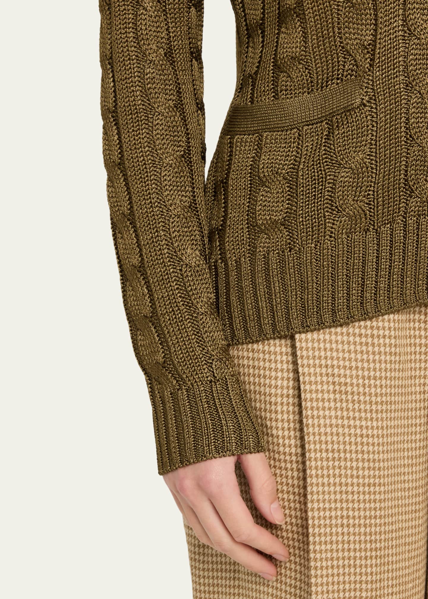 Ralph Lauren Collection High Shine Cable-Knit Cashmere Cardigan Sweater, Green Image 5 of 5