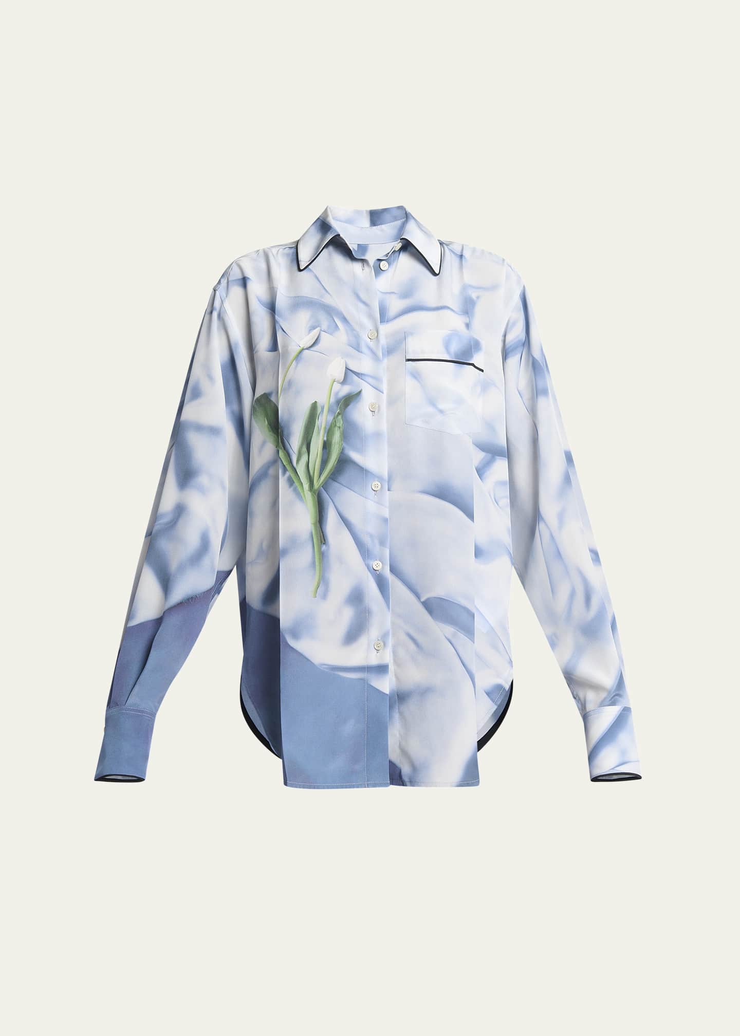 【関税込み】VICTORIA BECKHAM PYJAMA SHIRT Piping Detail Pyjama Shirt In Ice Blue Satin Flowers