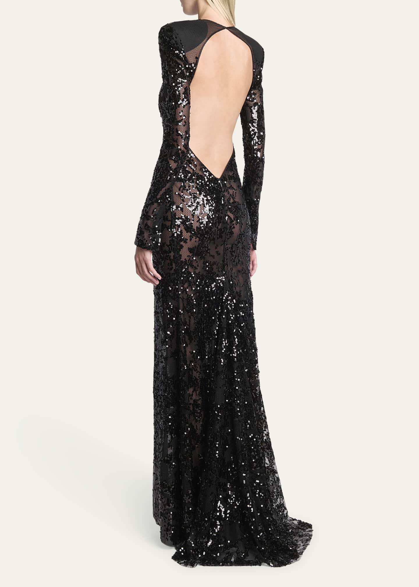 Victoria Beckham Long-Sleeve Backless Sequined Gown