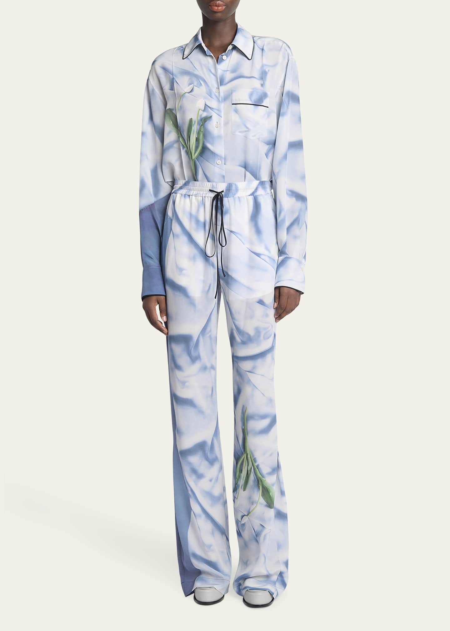 Printed Drawstring Pleated Silk Pajama Trousers - Thumbnail 2