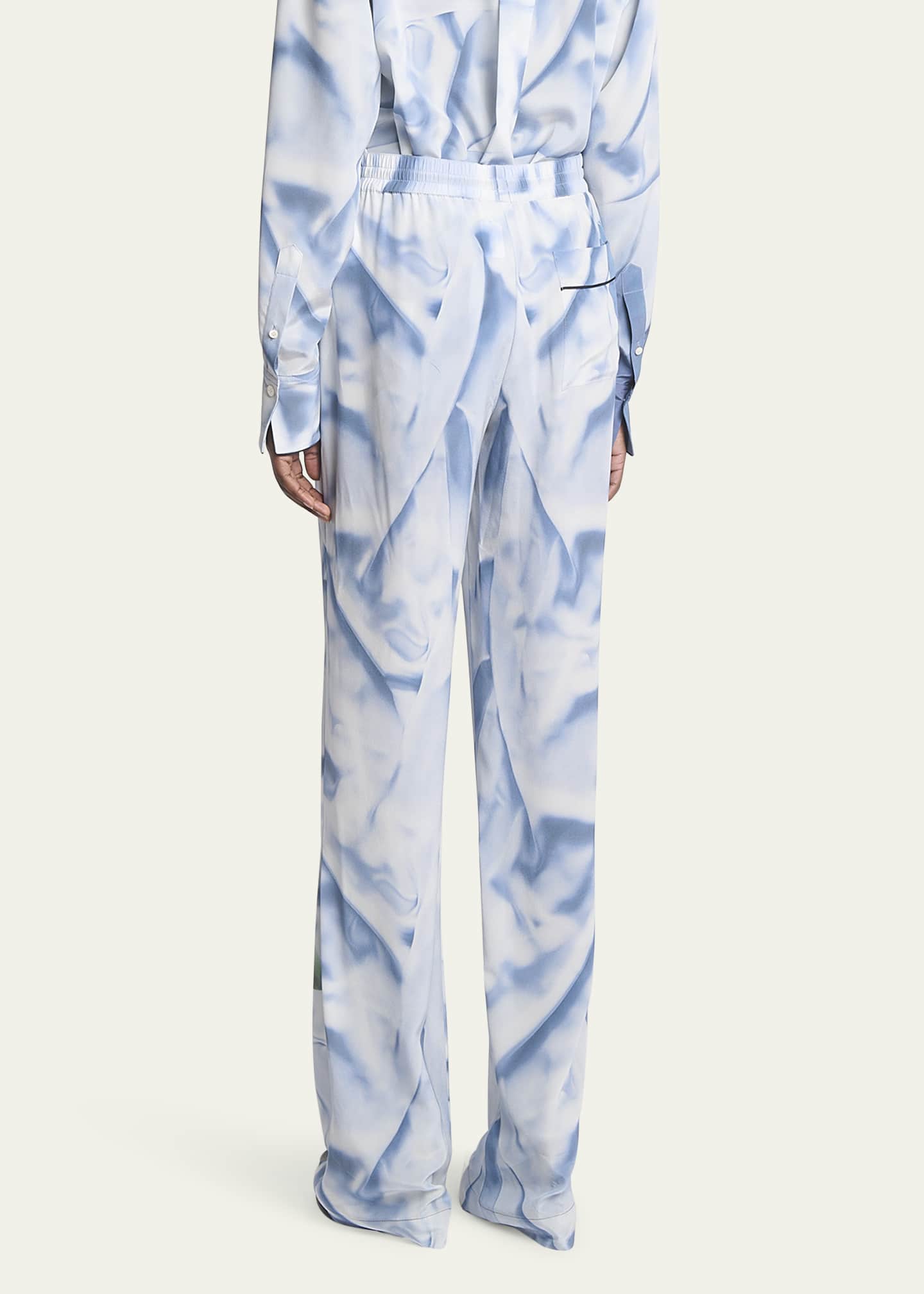 Printed Drawstring Pleated Silk Pajama Trousers - Thumbnail 3