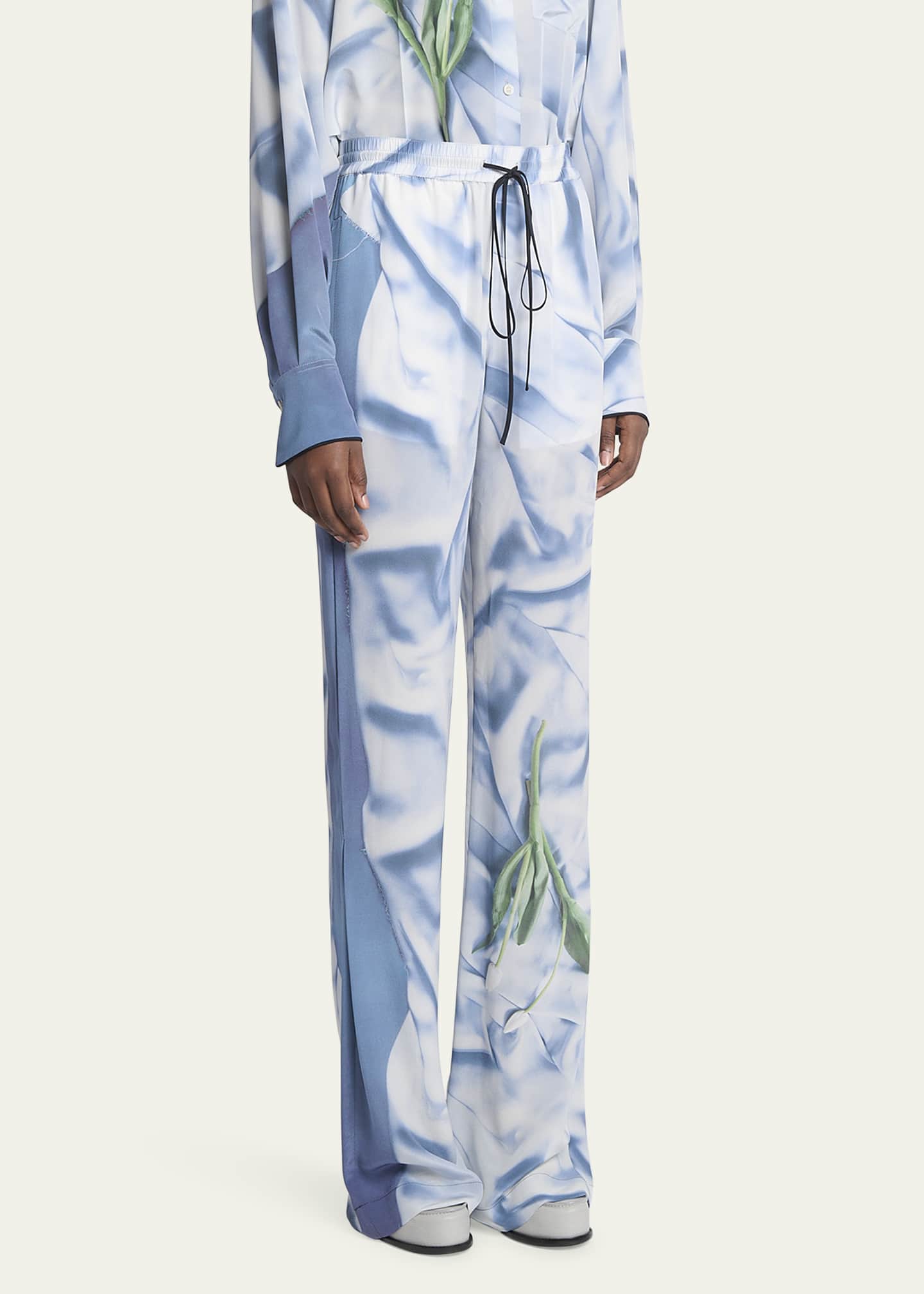 Printed Drawstring Pleated Silk Pajama Trousers - Thumbnail 4