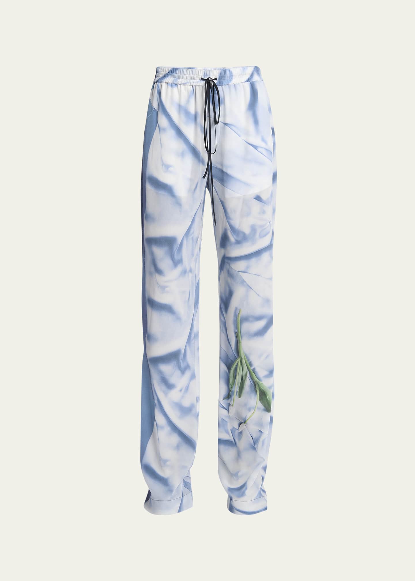 Printed Drawstring Pleated Silk Pajama Trousers
