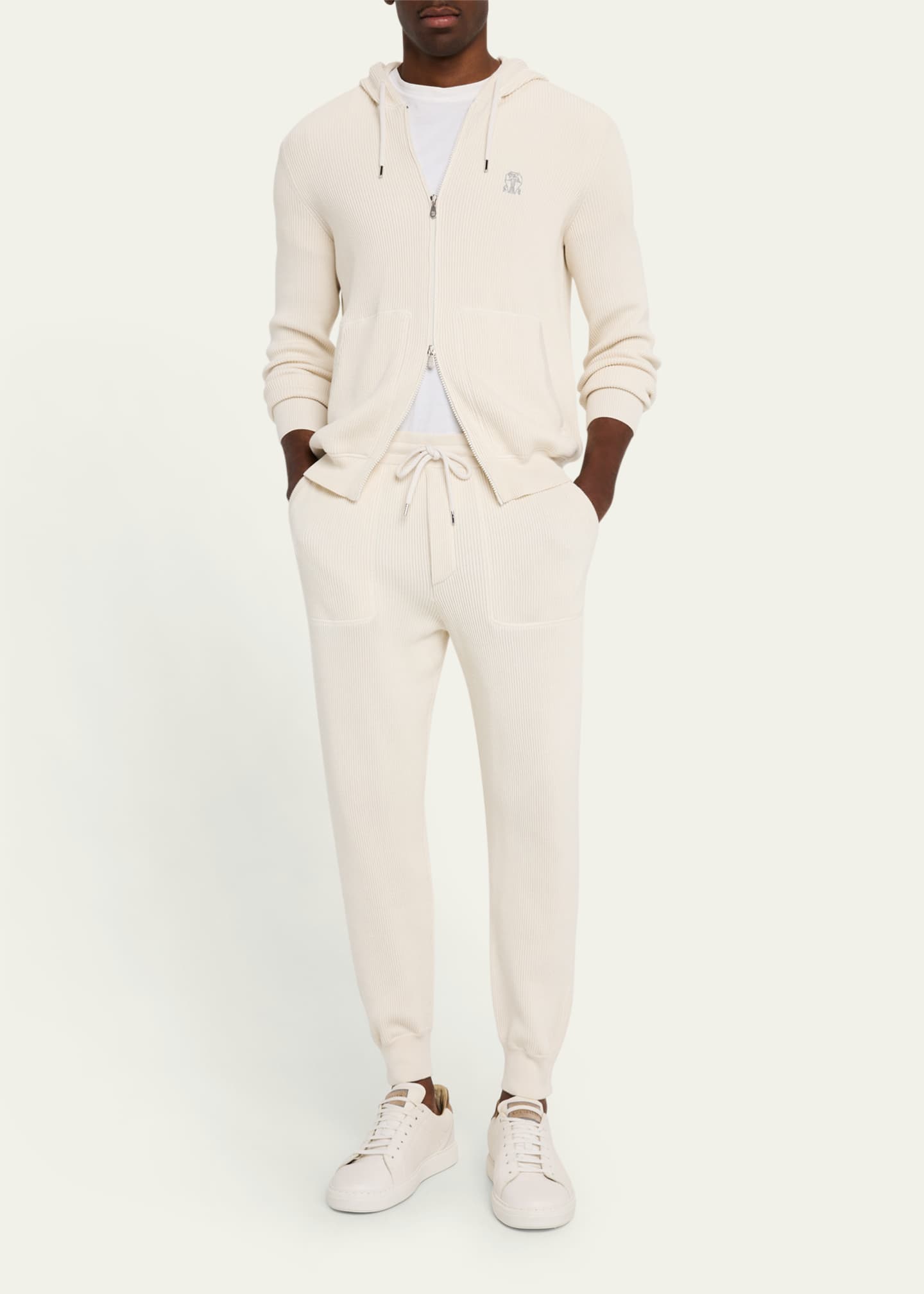Brunello Cucinelli Men's Ribbed Full-Zip Hoodie Image 2 of 5