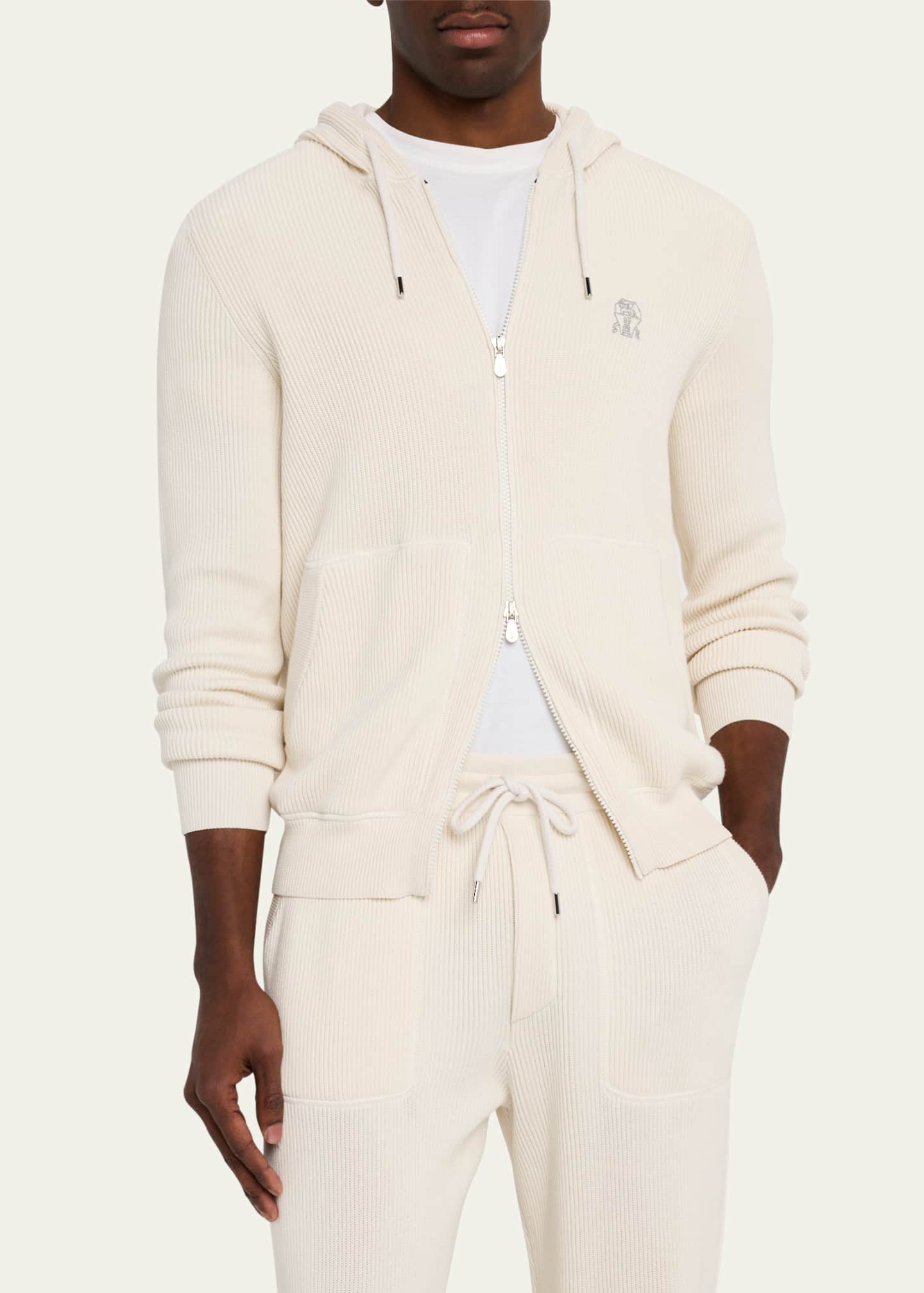 Brunello Cucinelli Men's Ribbed Full-Zip Hoodie Image 4 of 5