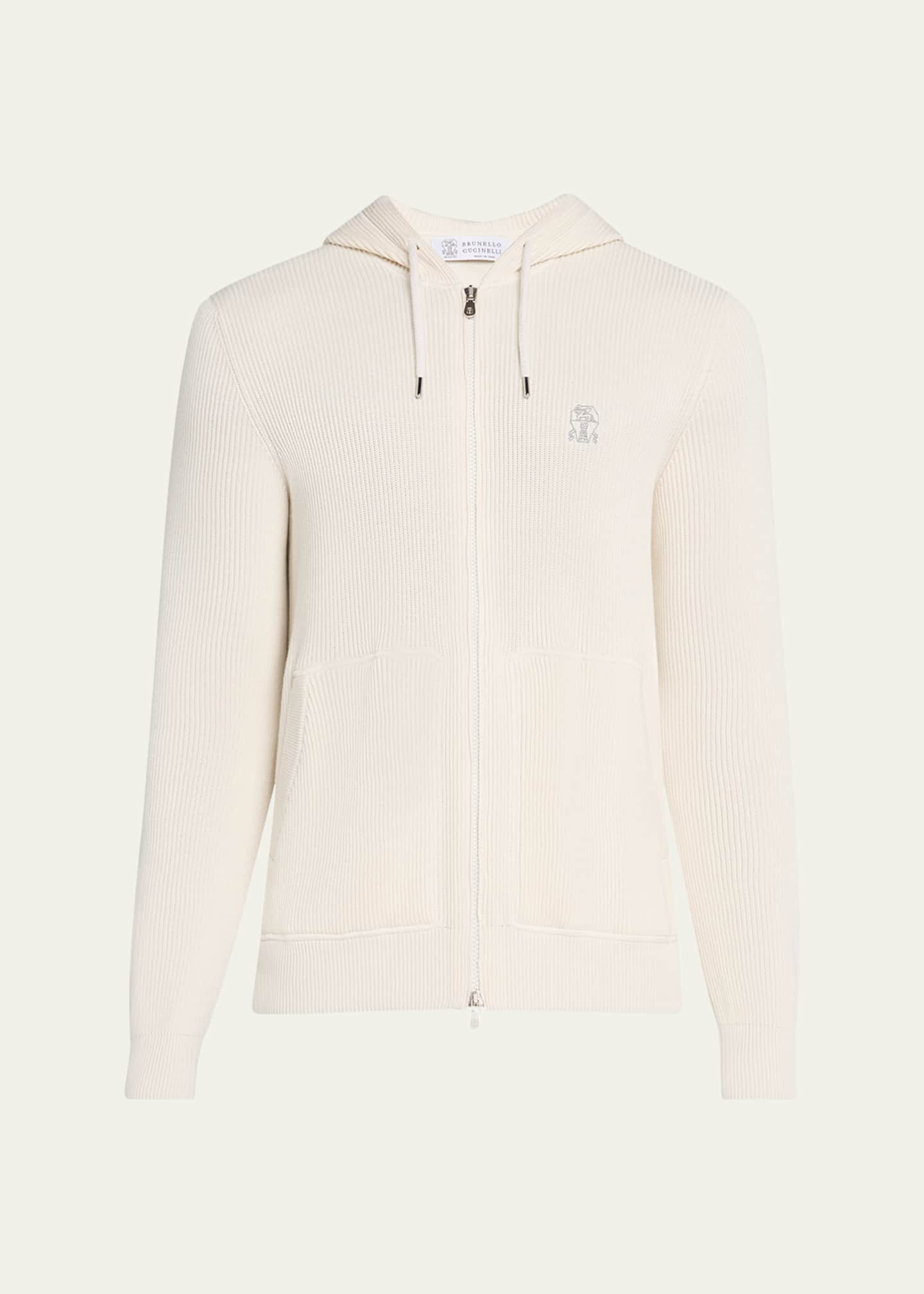 Brunello Cucinelli Men's Ribbed Full-Zip Hoodie Image 1 of 5