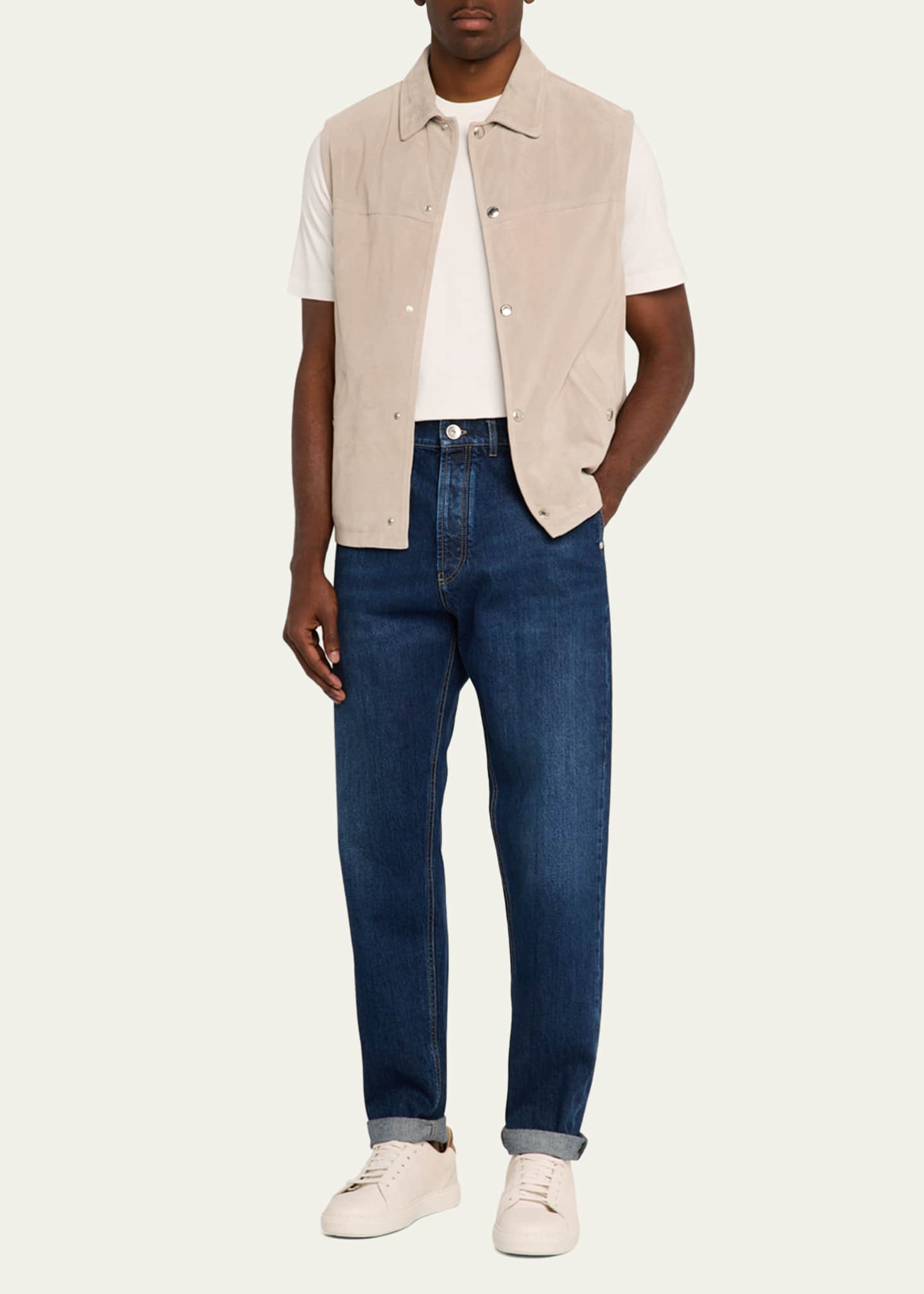 Brunello Cucinelli Men's Perforated Suede Snap-Front Vest Image 2 of 5