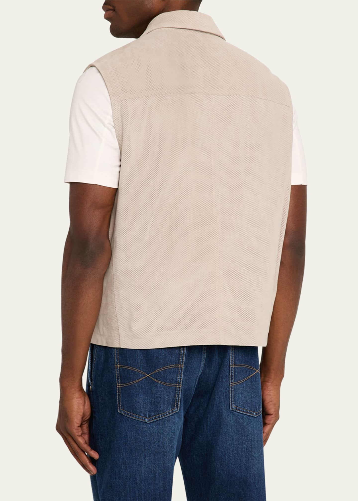 Brunello Cucinelli Men's Perforated Suede Snap-Front Vest Image 3 of 5