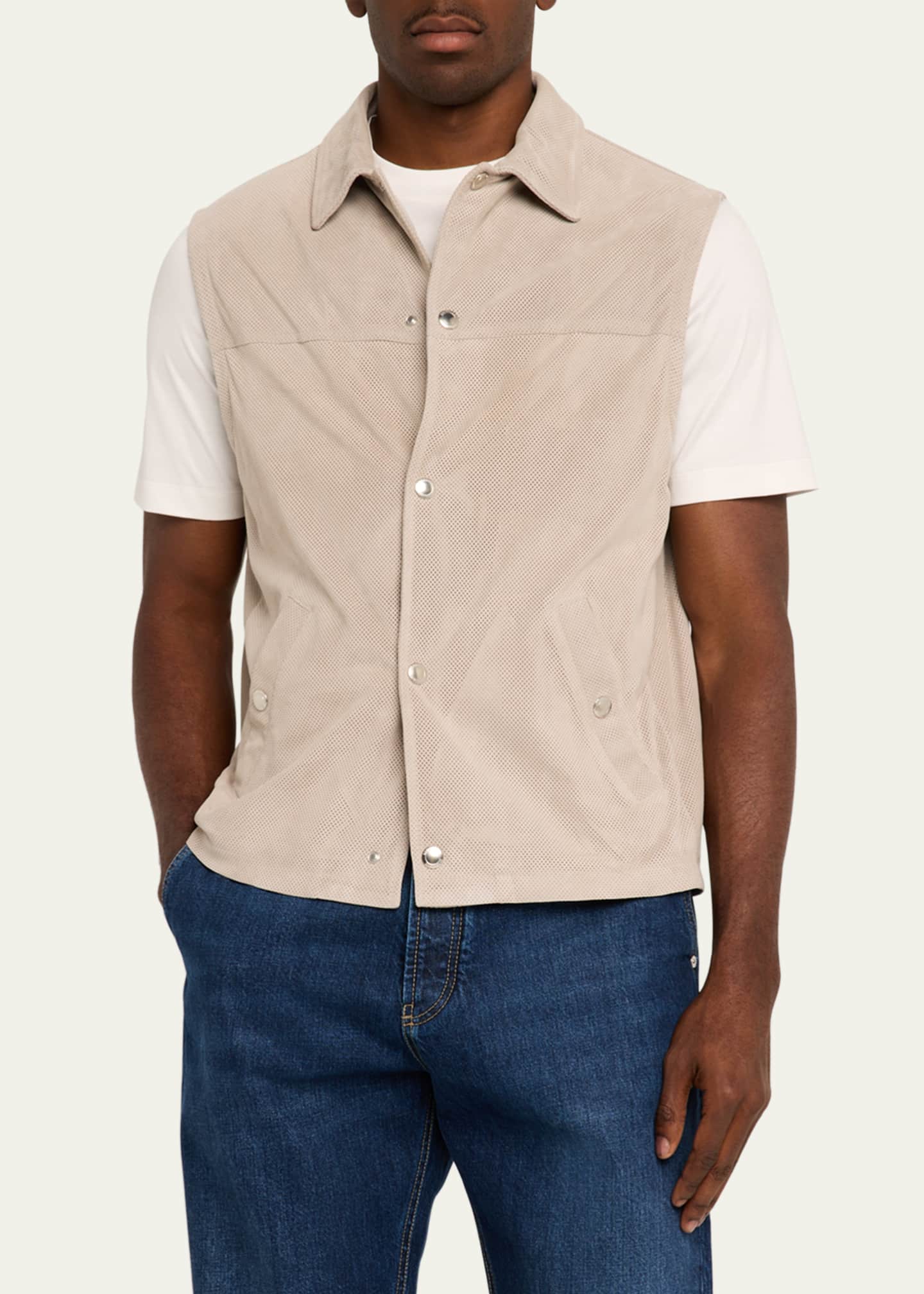 Brunello Cucinelli Men's Perforated Suede Snap-Front Vest Image 4 of 5