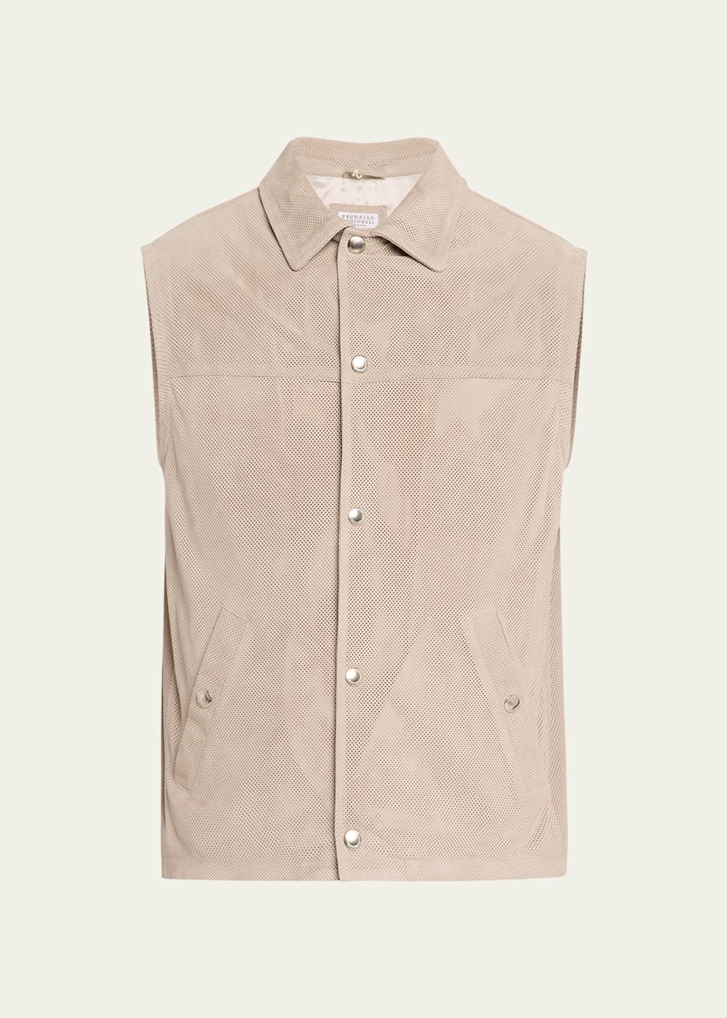 Brunello Cucinelli Men's Perforated Suede Snap-Front Vest Image 1 of 5