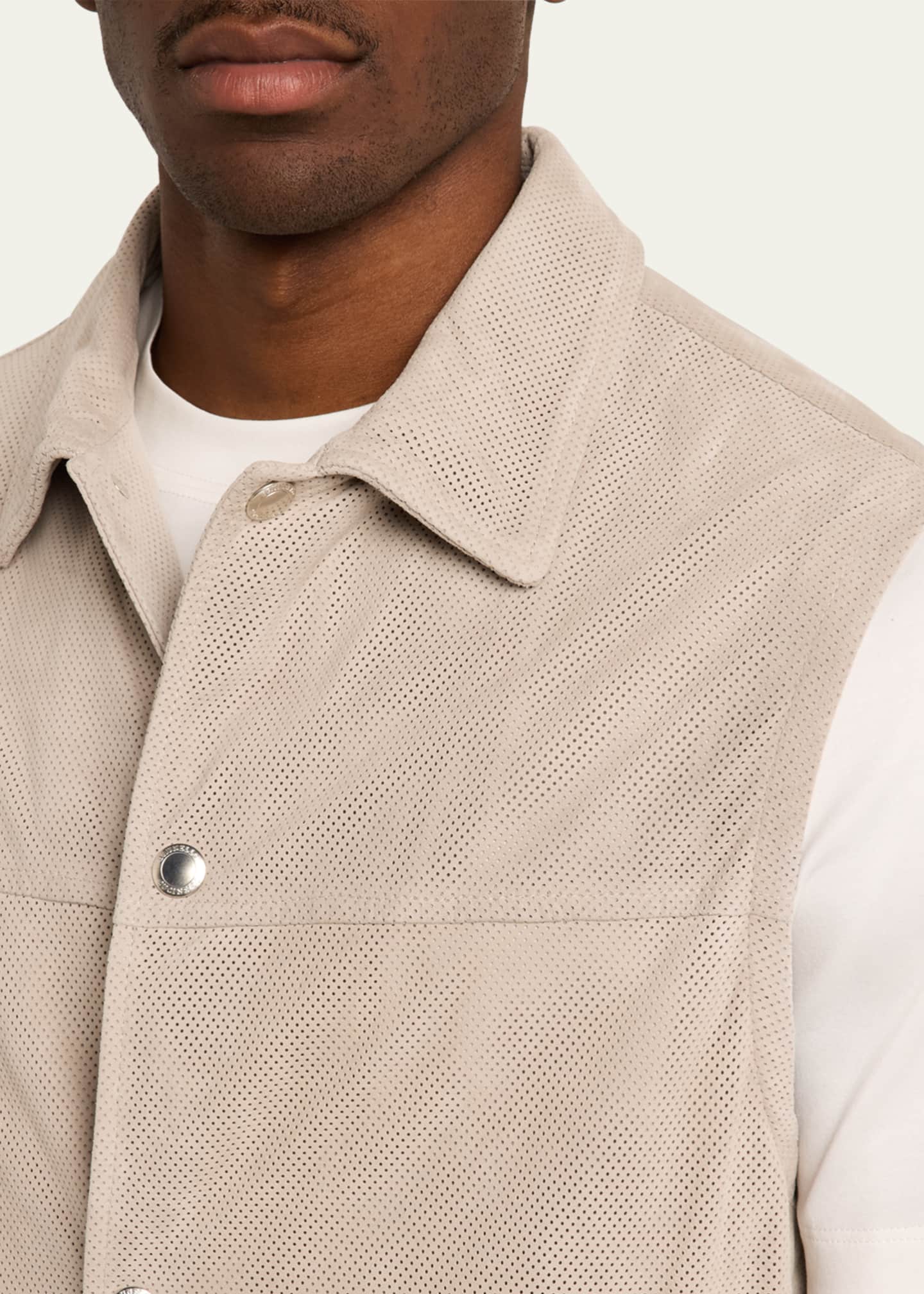 Brunello Cucinelli Men's Perforated Suede Snap-Front Vest Image 5 of 5