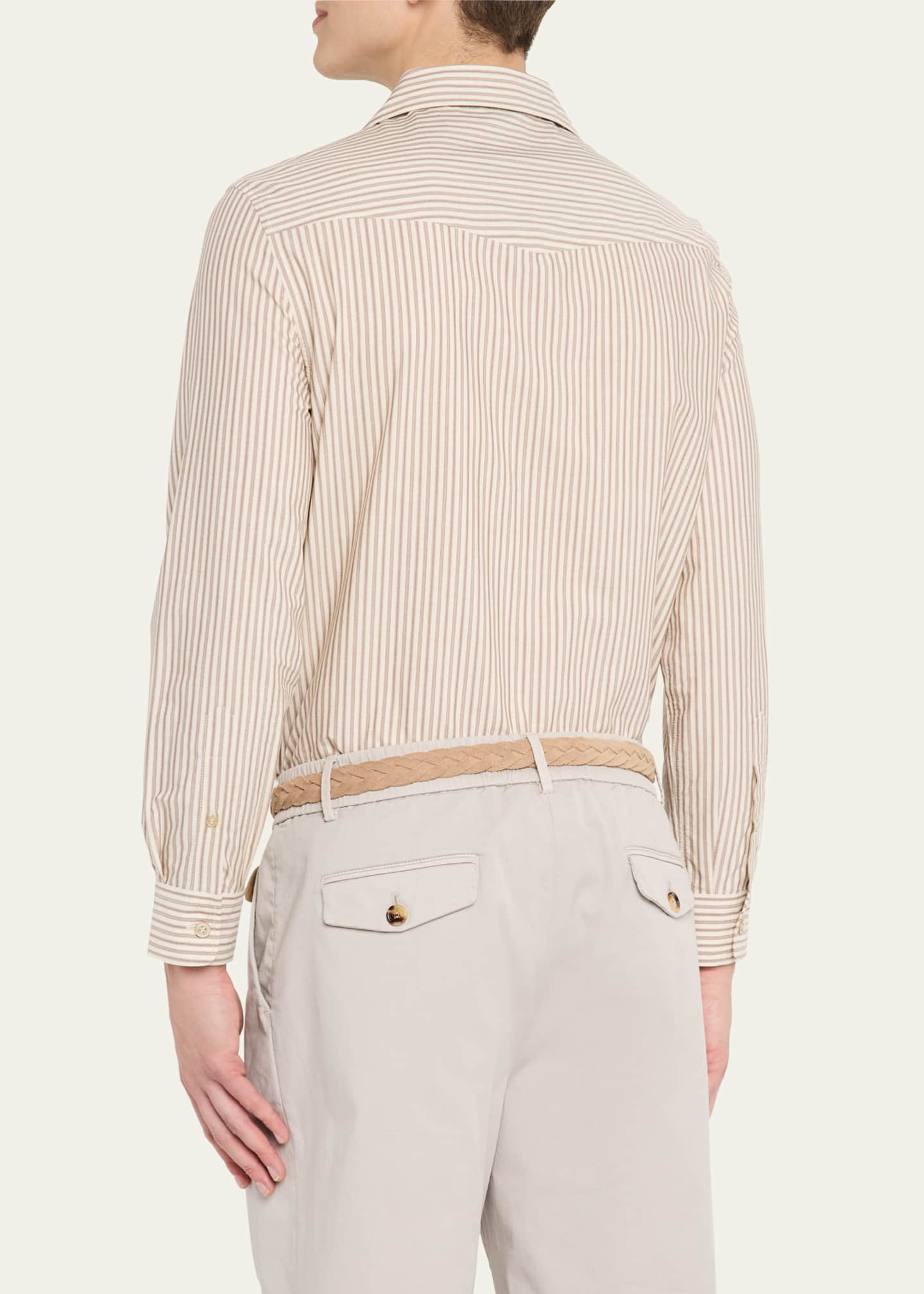 Brunello Cucinelli Men's Stripe Cabana-Collar Casual Button-Down Shirt Image 3 of 5