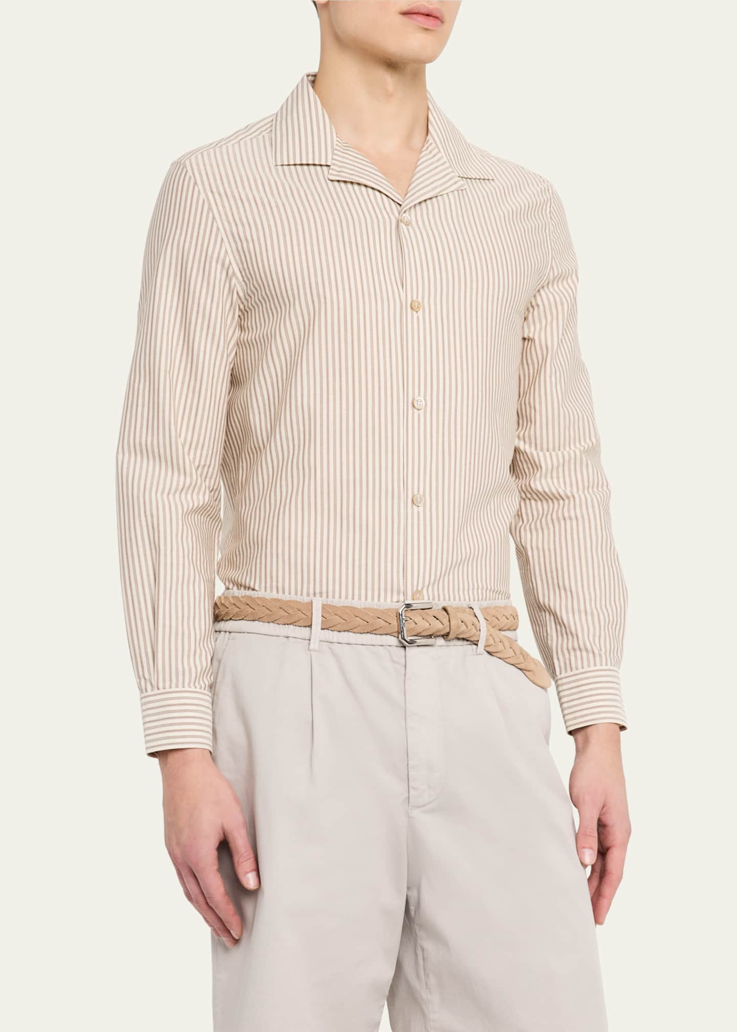 Brunello Cucinelli Men's Stripe Cabana-Collar Casual Button-Down Shirt Image 4 of 5