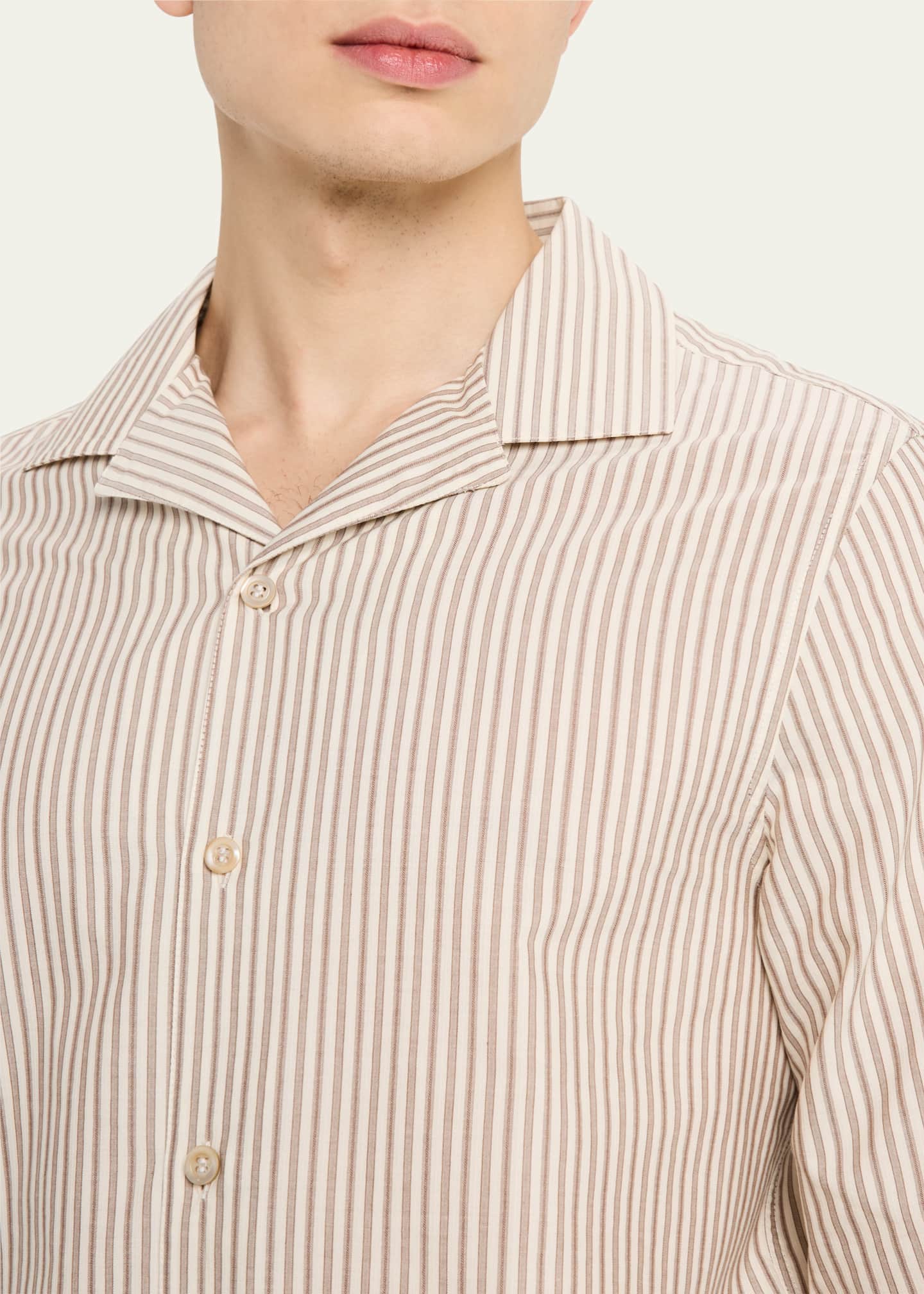Brunello Cucinelli Men's Stripe Cabana-Collar Casual Button-Down Shirt Image 5 of 5