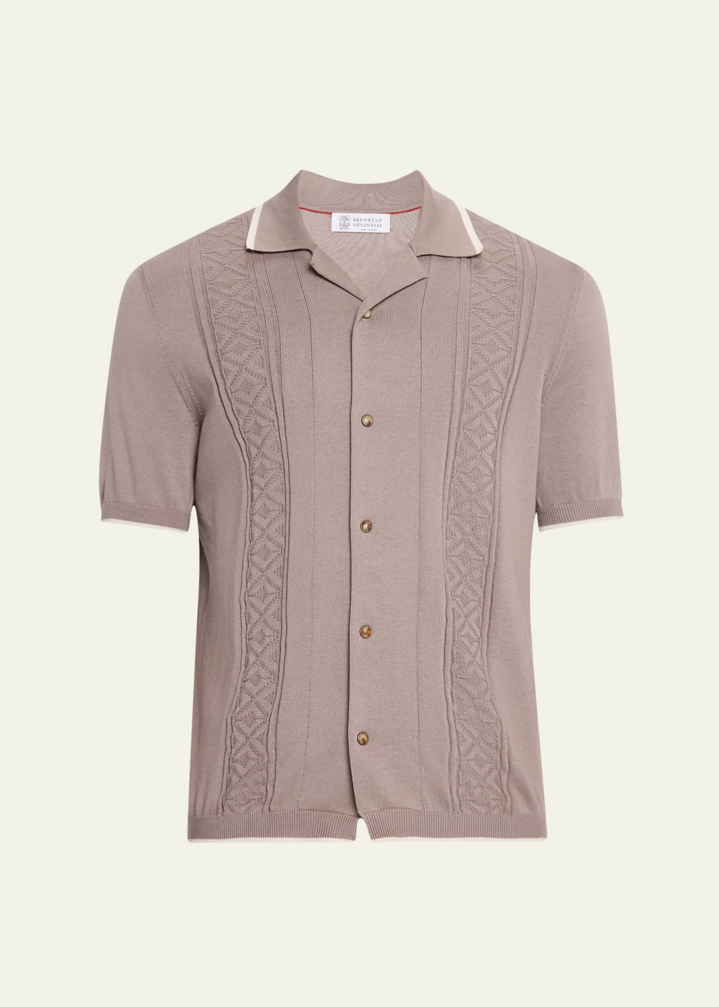 Brunello Cucinelli Men's Cotton Textured Short-Sleeve Sweater Image 1 of 5