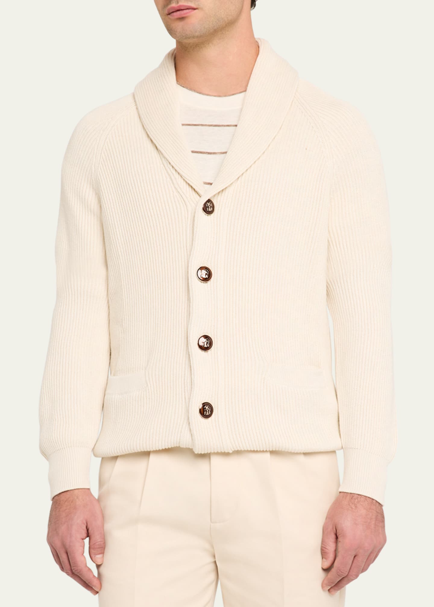 Brunello Cucinelli Men's Ribbed Cotton Shawl Cardigan Image 4 of 5