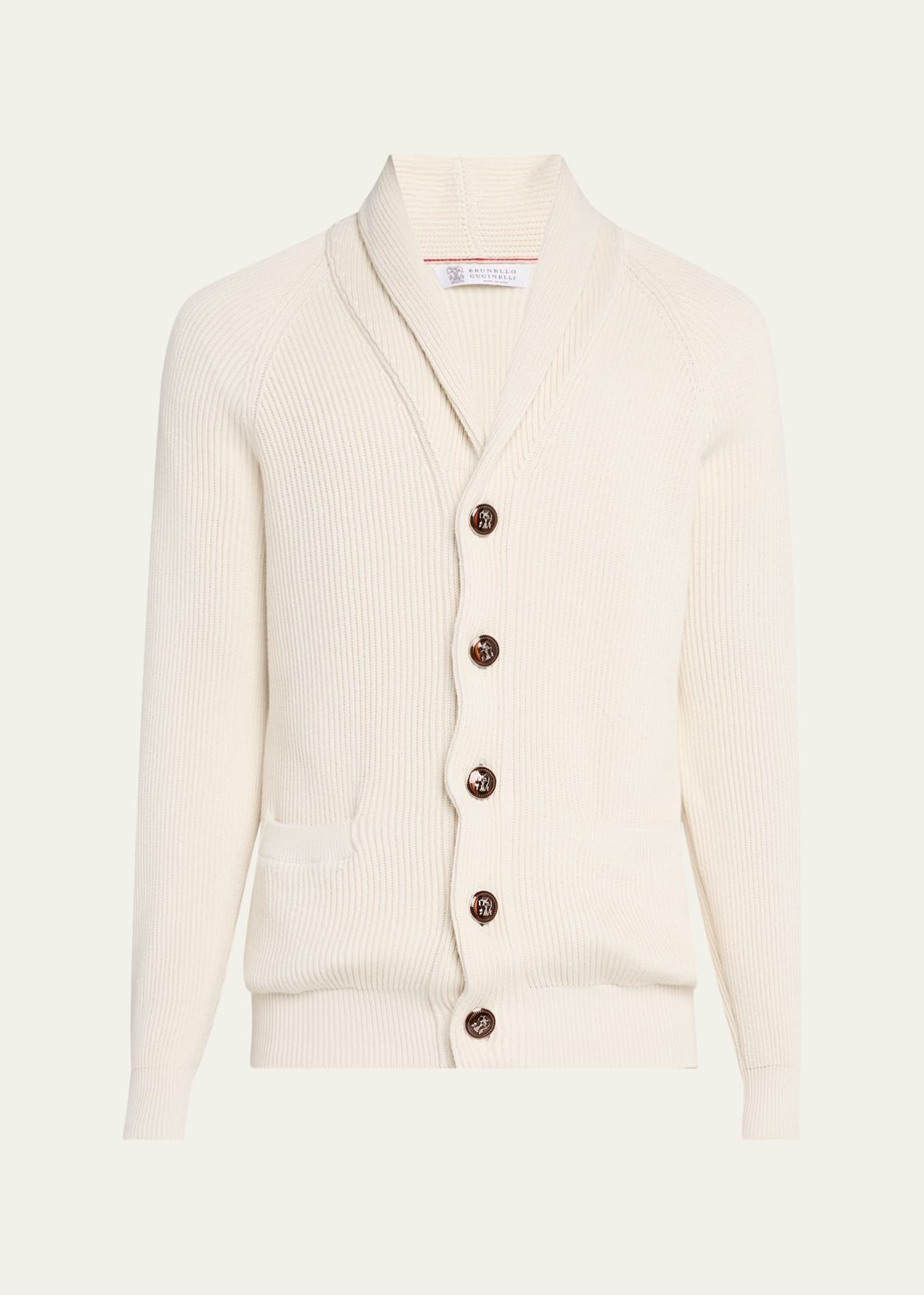 Brunello Cucinelli Men's Ribbed Cotton Shawl Cardigan Image 1 of 5