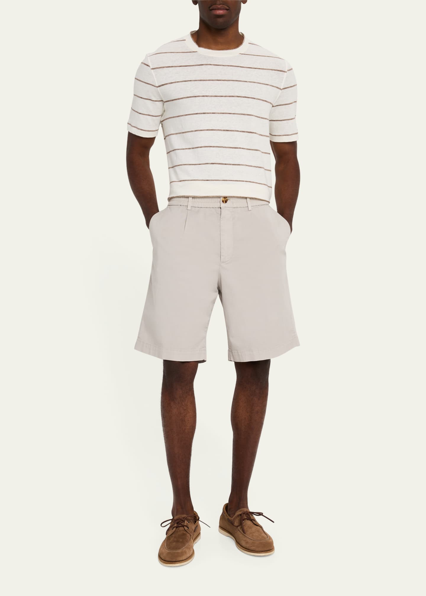 Brunello Cucinelli Men's Linen-Cotton Stripe Crewneck T-Shirt Image 2 of 5