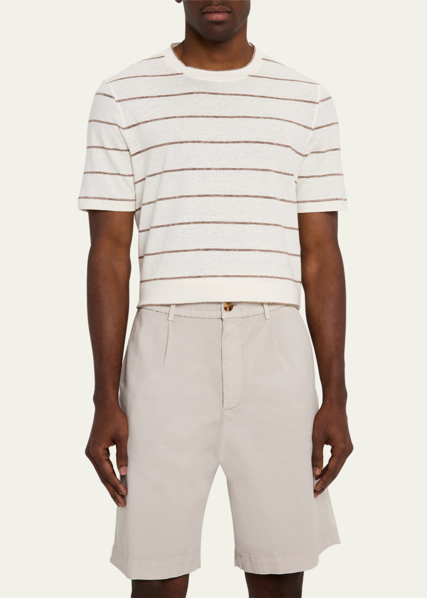 Brunello Cucinelli Men's Linen-Cotton Stripe Crewneck T-Shirt Image 4 of 5