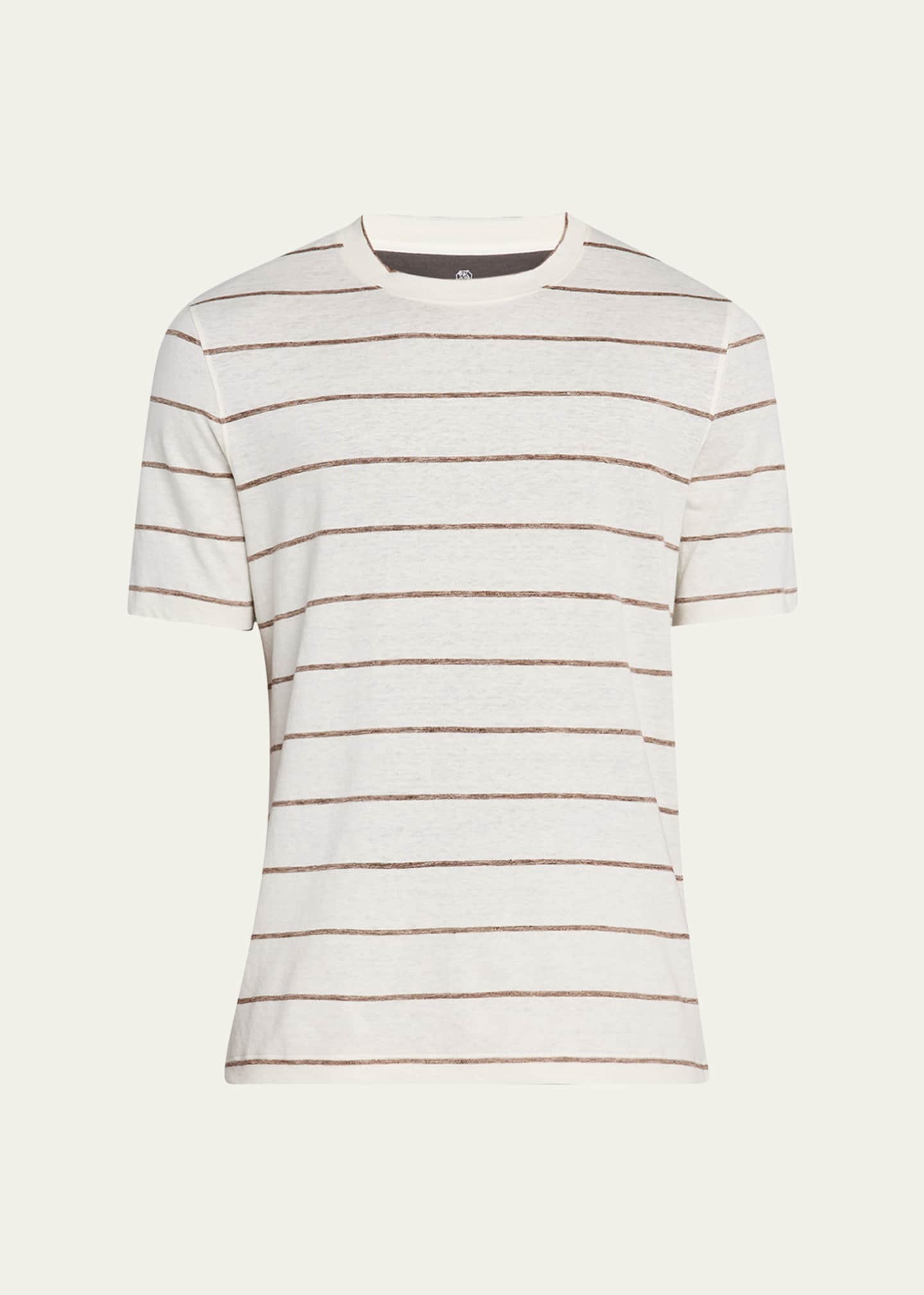 Brunello Cucinelli Men's Linen-Cotton Stripe Crewneck T-Shirt Image 1 of 5