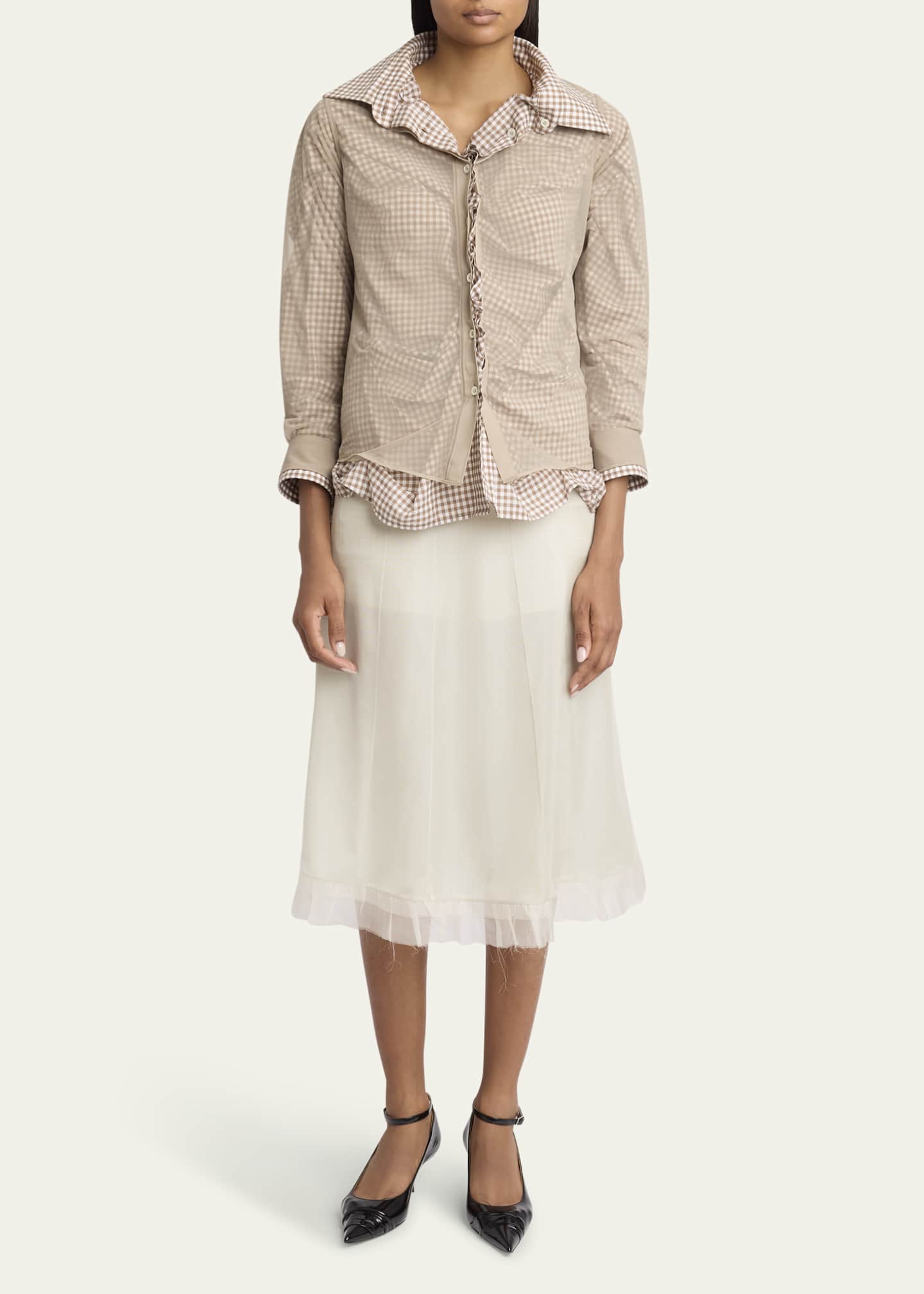 Maison Margiela Ruched Hybrid Check Button Down Blouse Image 2 of 5
