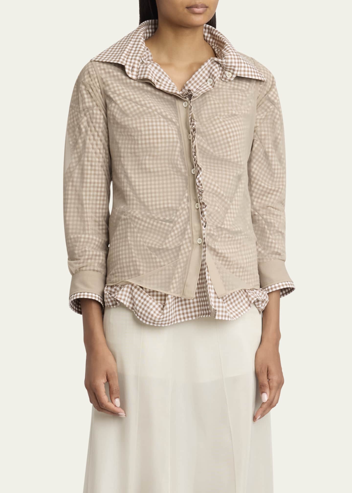 Maison Margiela Ruched Hybrid Check Button Down Blouse Image 4 of 5