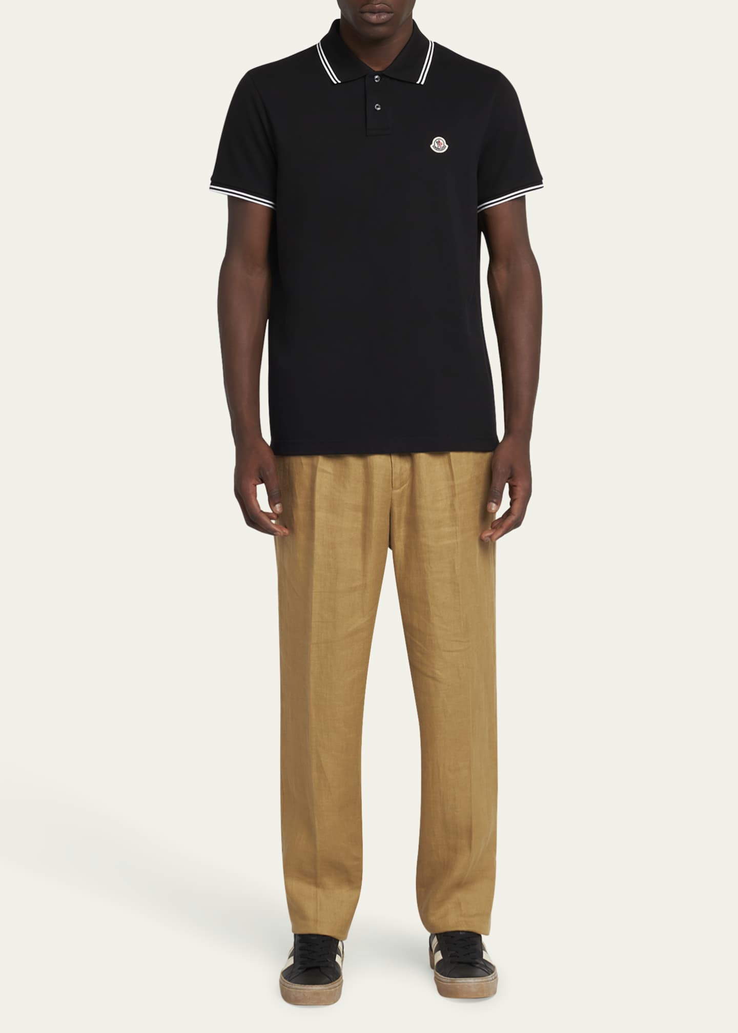 Moncler Men's Pique Polo Shirt with Stripe Collar Image 2 of 5