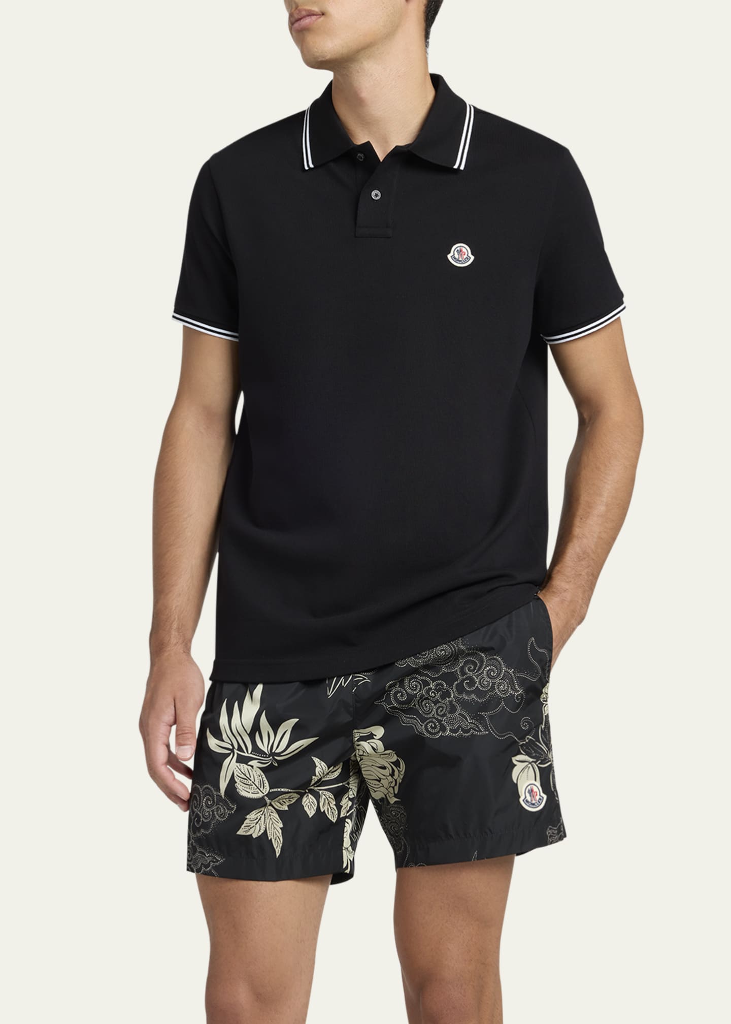 Moncler Men's Pique Polo Shirt with Stripe Collar Image 4 of 5