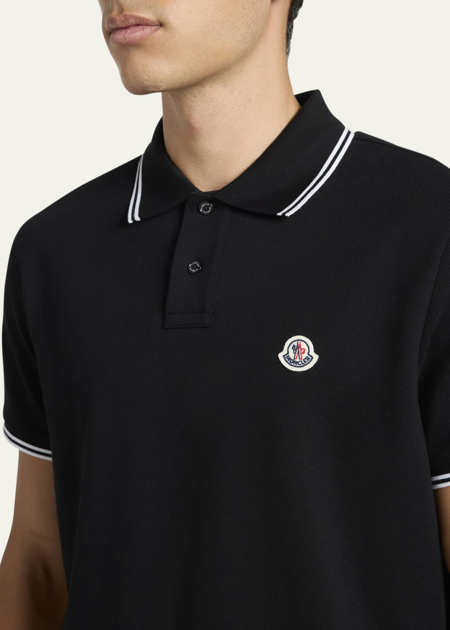 Moncler Men's Pique Polo Shirt with Stripe Collar Image 5 of 5
