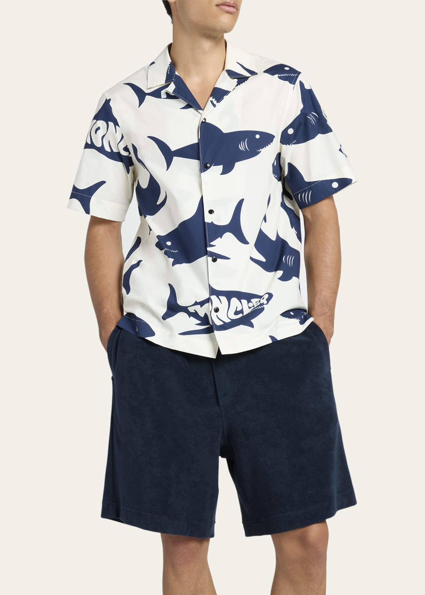 Moncler Men's Shark-Print Camp Shirt Image 4 of 5