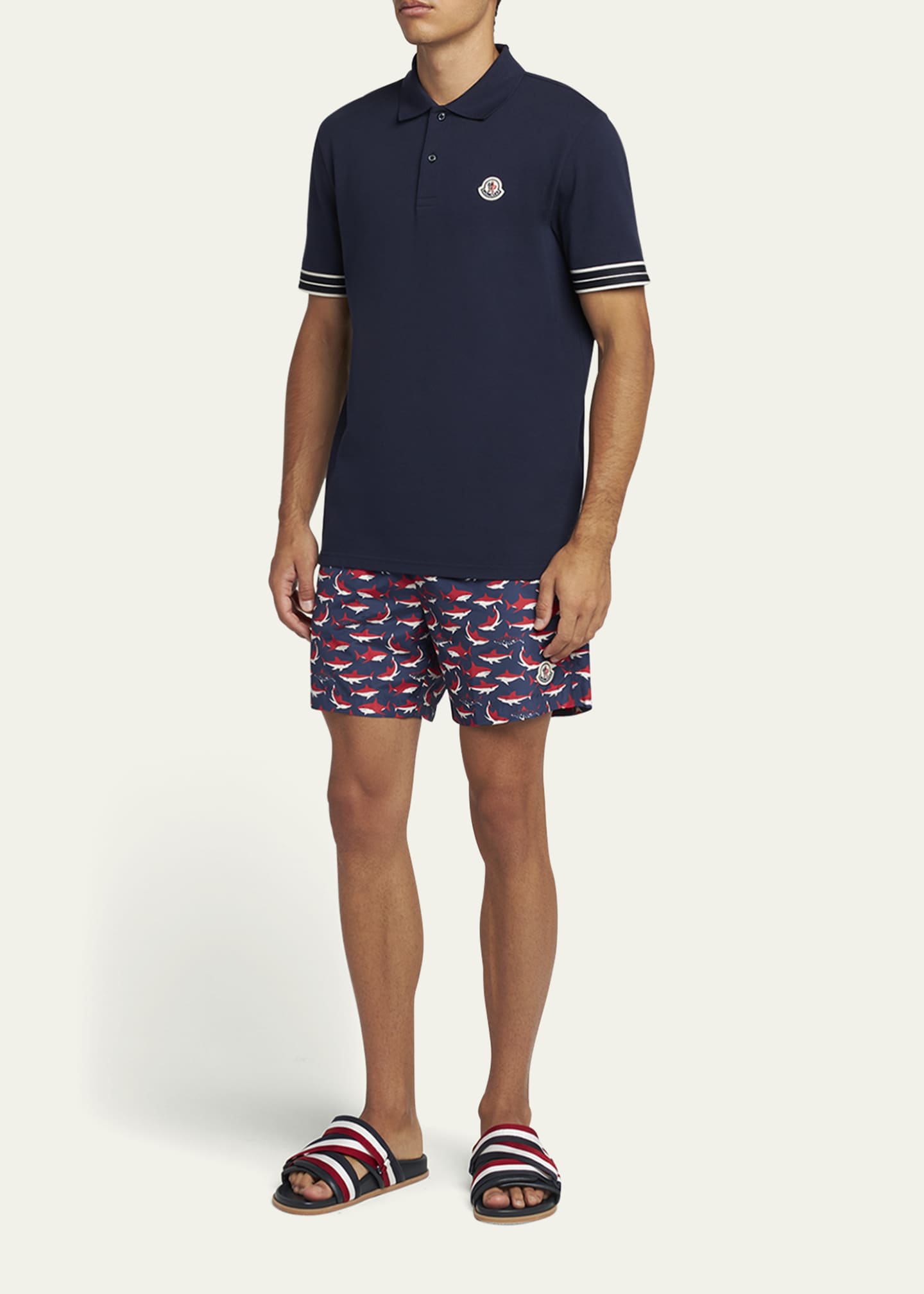 Moncler Men's Striped-Trim Pique Polo Shirt Image 2 of 5