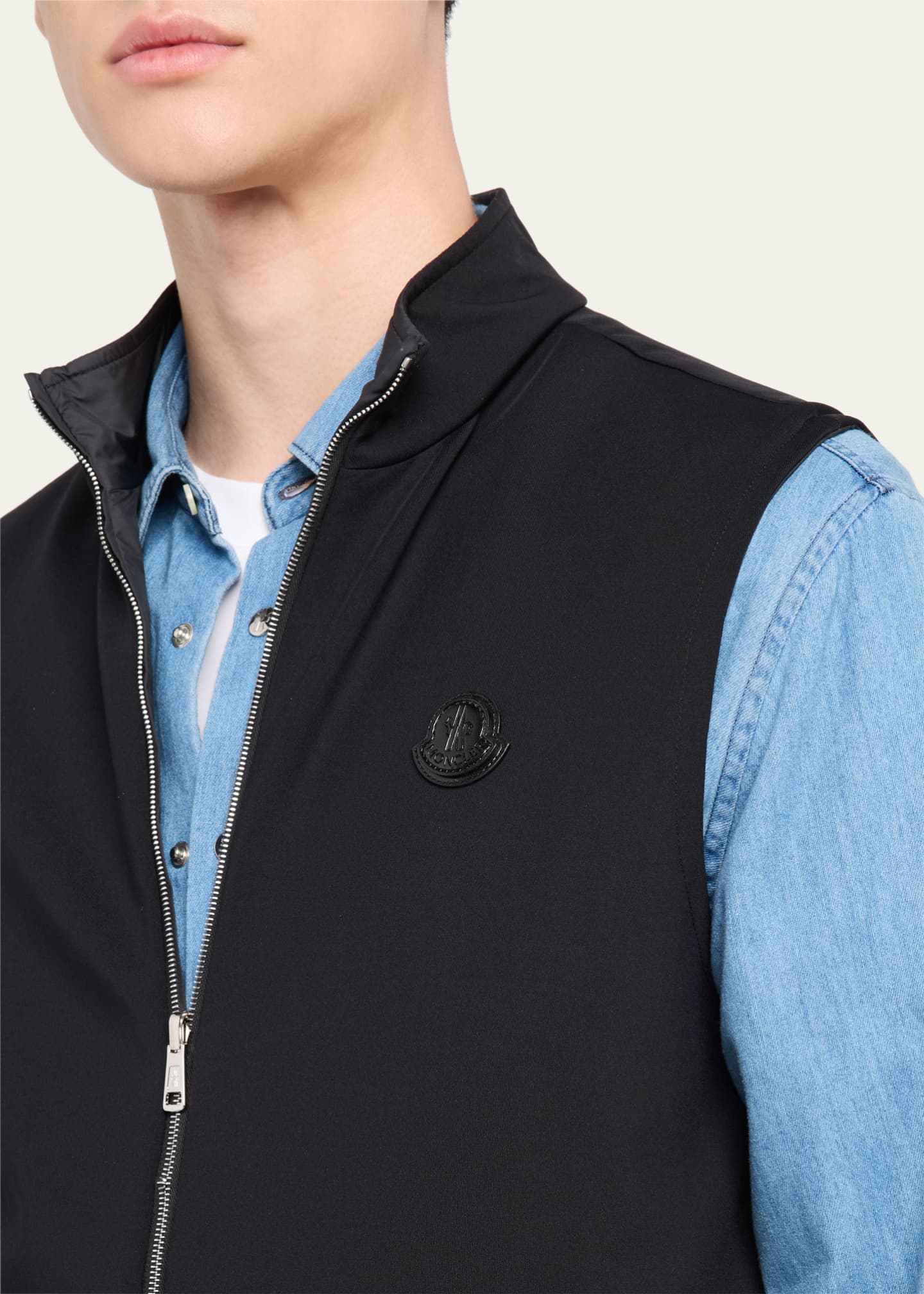 Moncler Men's Full-Zip Leather-Emblem Vest - Bergdorf Goodman