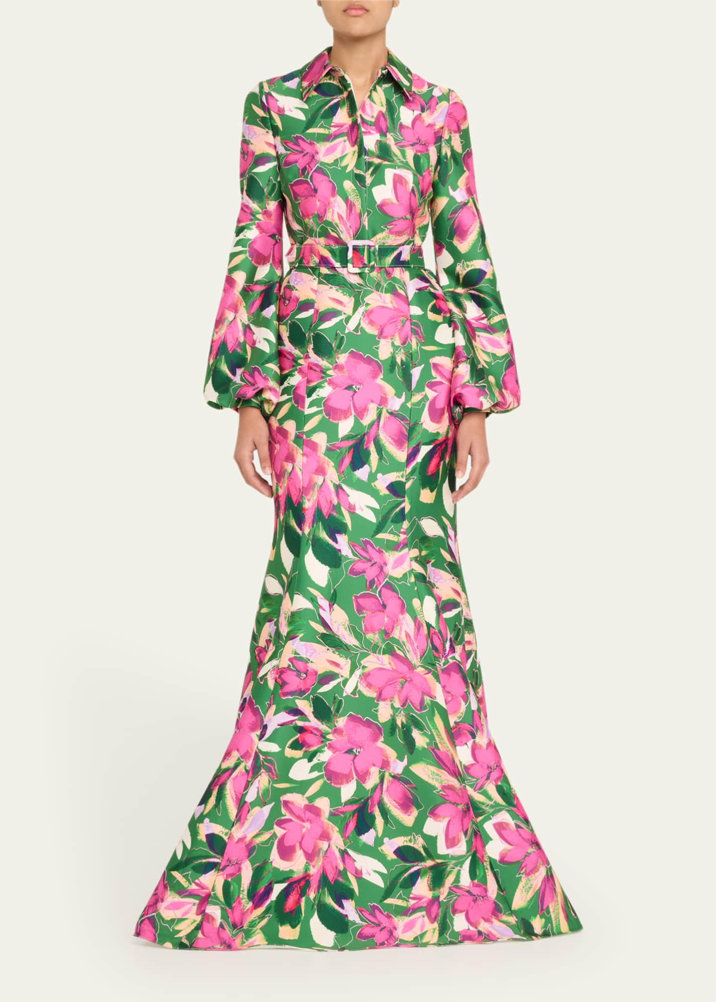 Badgley Mischka Collection Belted Floral-Print Mikado Shirt Gown Image 2 of 5