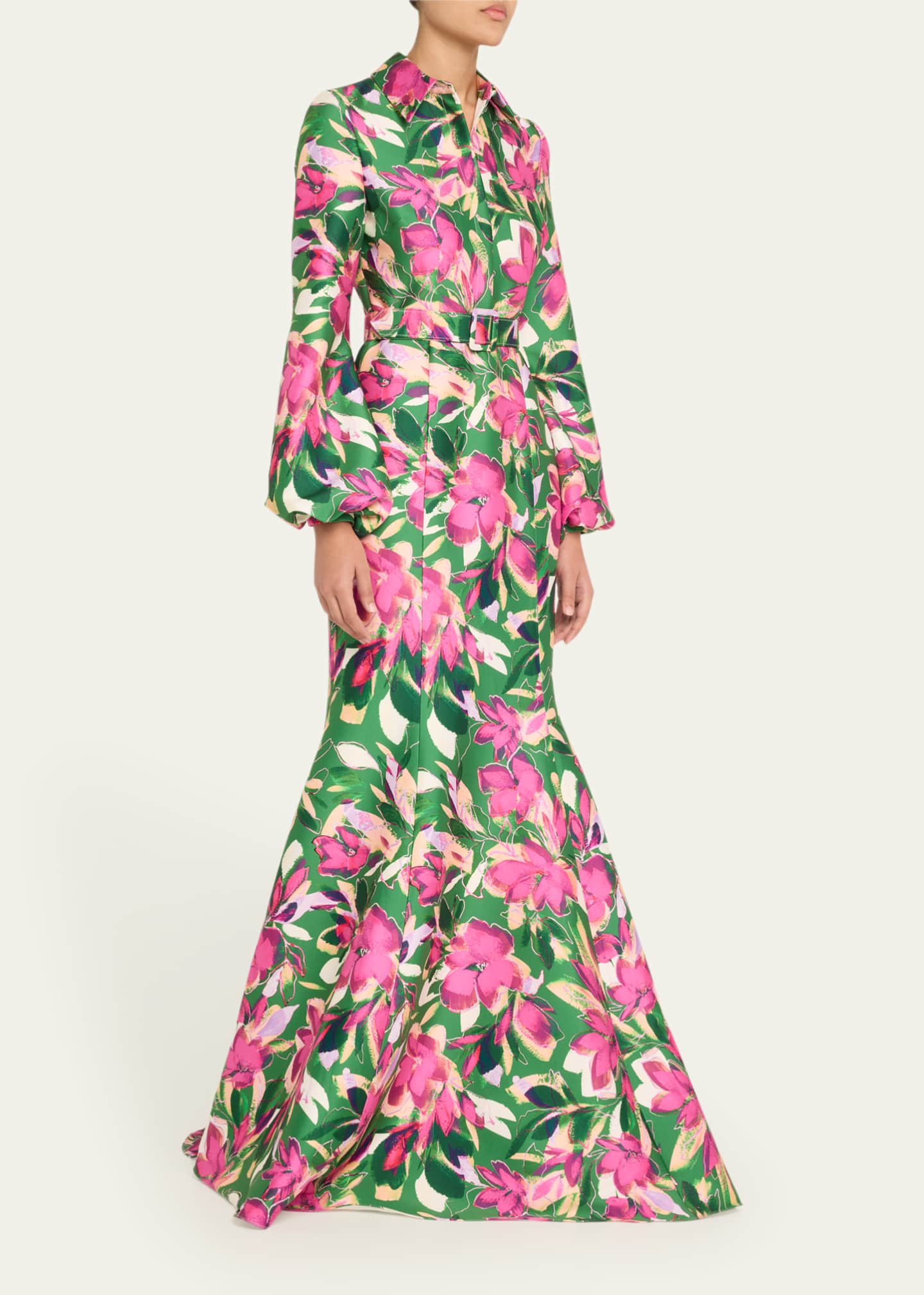 Badgley Mischka Collection Belted Floral-Print Mikado Shirt Gown Image 4 of 5