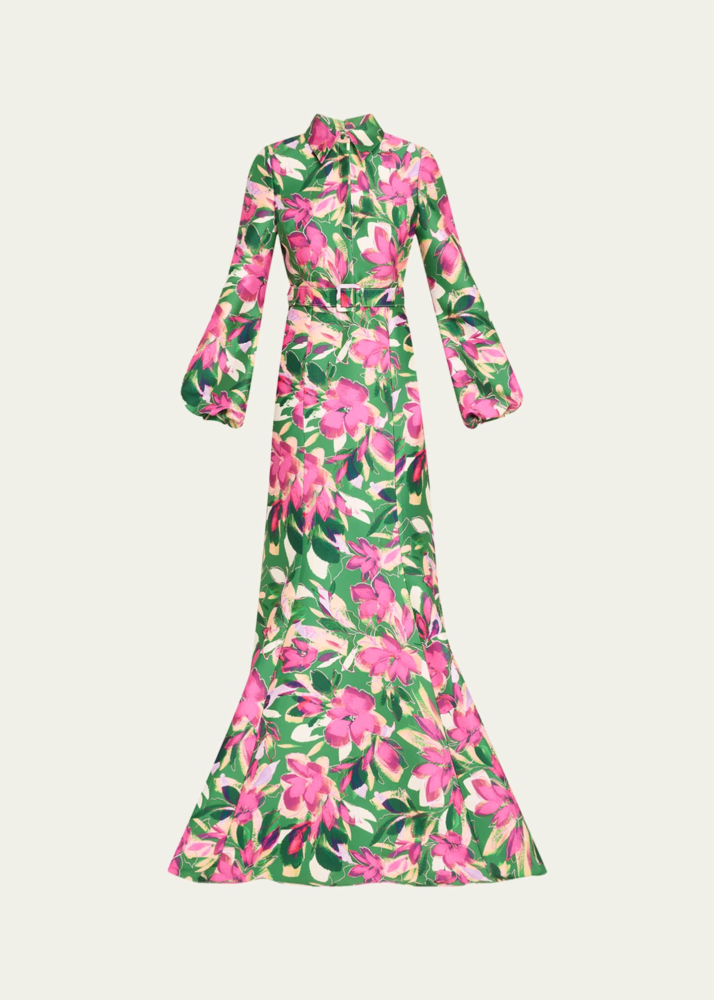 Badgley Mischka Collection Belted Floral-Print Mikado Shirt Gown Image 1 of 5