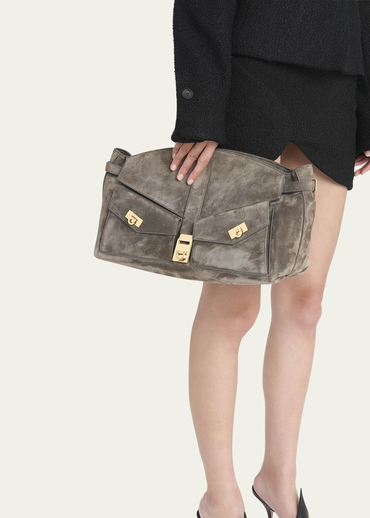 Ferragamo Hug Large Multipocket Suede Pouch Shoulder Bag Image 2 of 6