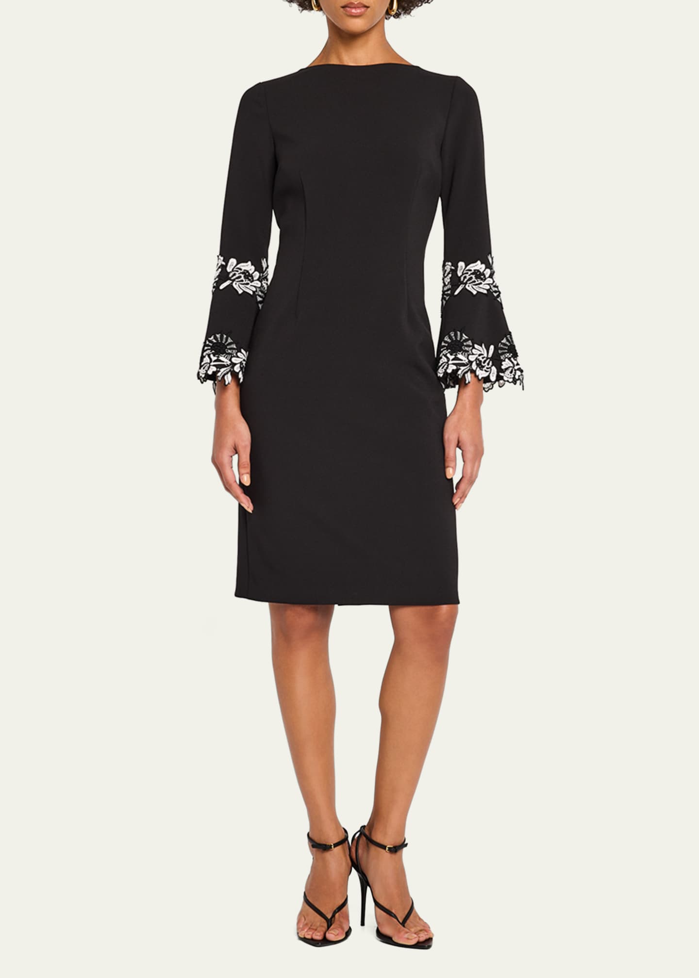 Rickie Freeman for Teri Jon Bell-Sleeve Floral Applique Crepe Dress Image 2 of 5