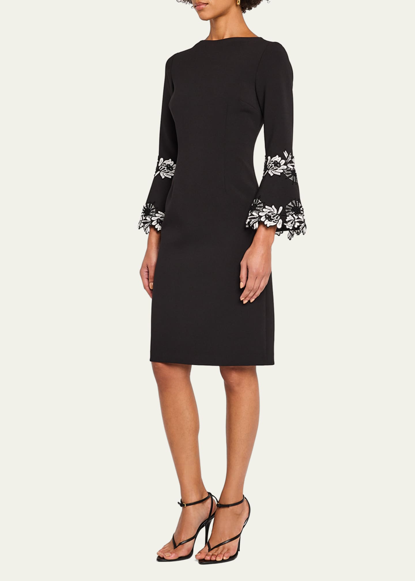 Rickie Freeman for Teri Jon Bell-Sleeve Floral Applique Crepe Dress Image 4 of 5